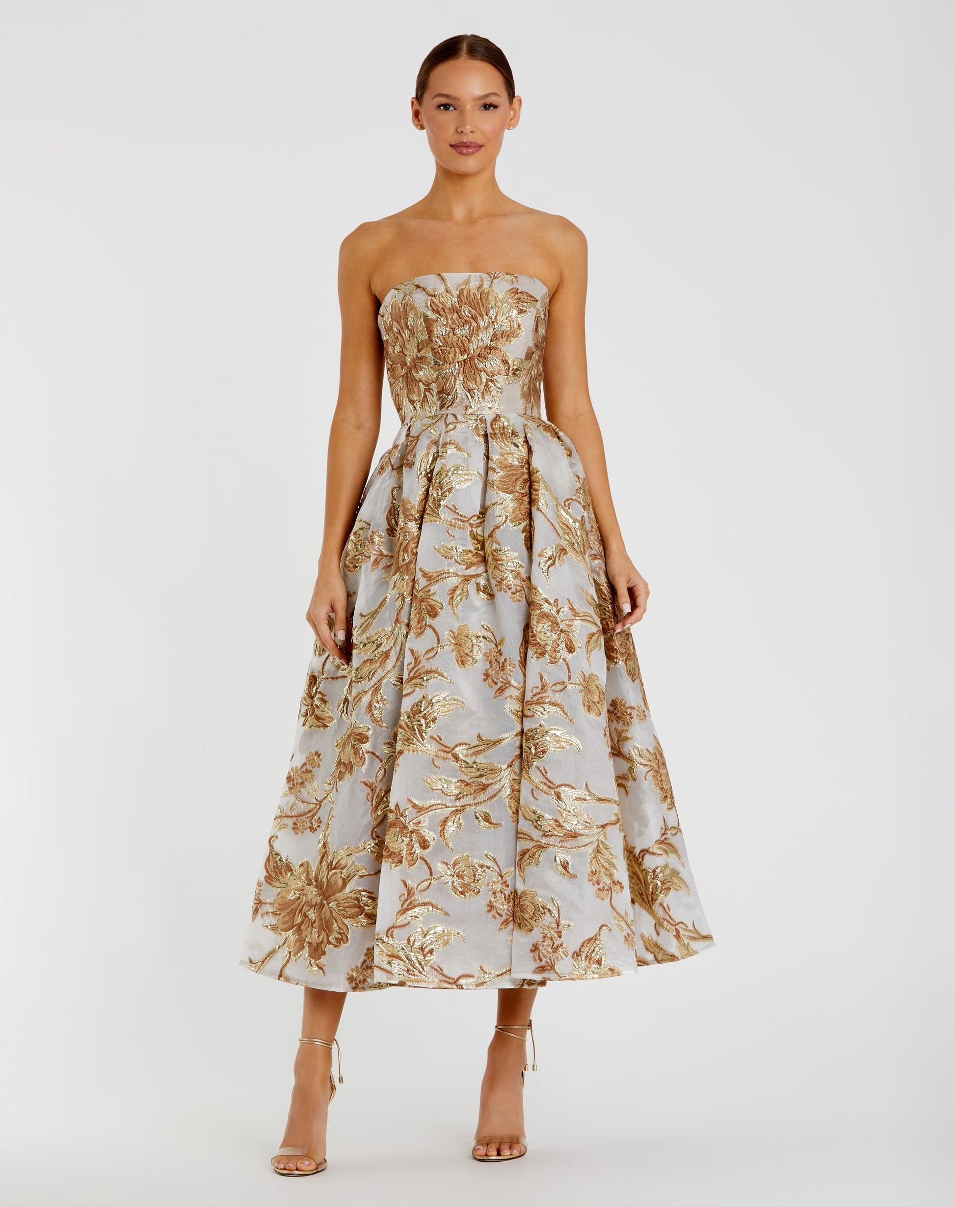 Petite Gold Strapless Brocade Midi Dress with Pockets - Mac Duggal