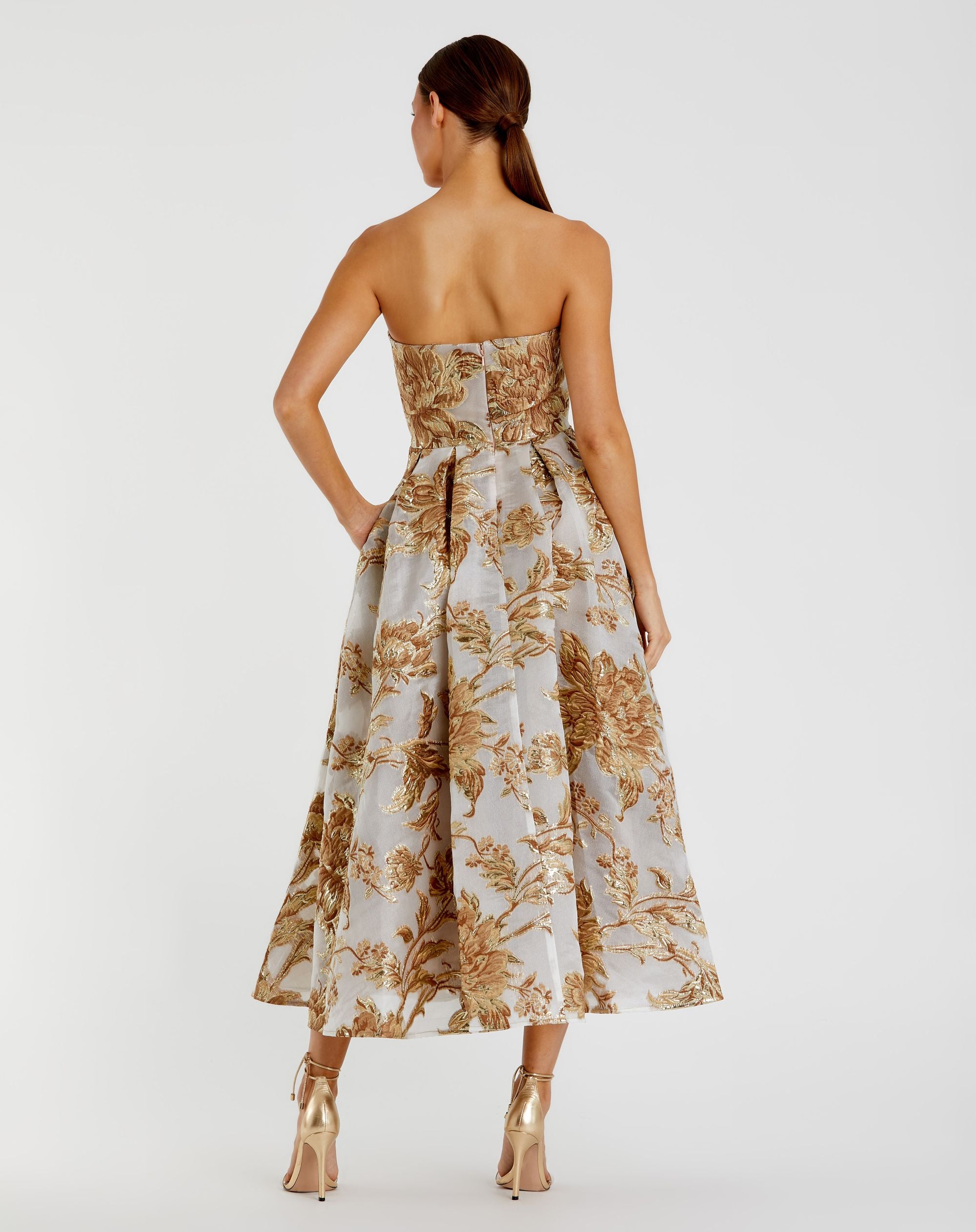 Petite Gold Strapless Brocade Midi Dress with Pockets - Mac Duggal