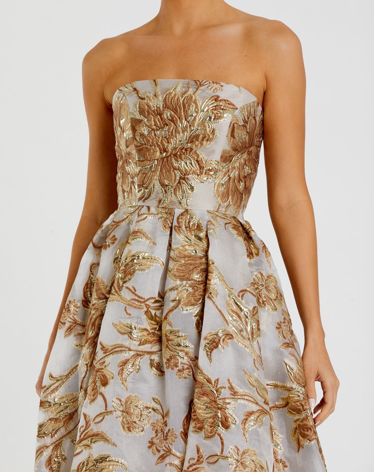 Petite Gold Strapless Brocade Midi Dress with Pockets | Mac Duggal Petite Gold Strapless Brocade Midi Dress with Pockets | Mac Duggal