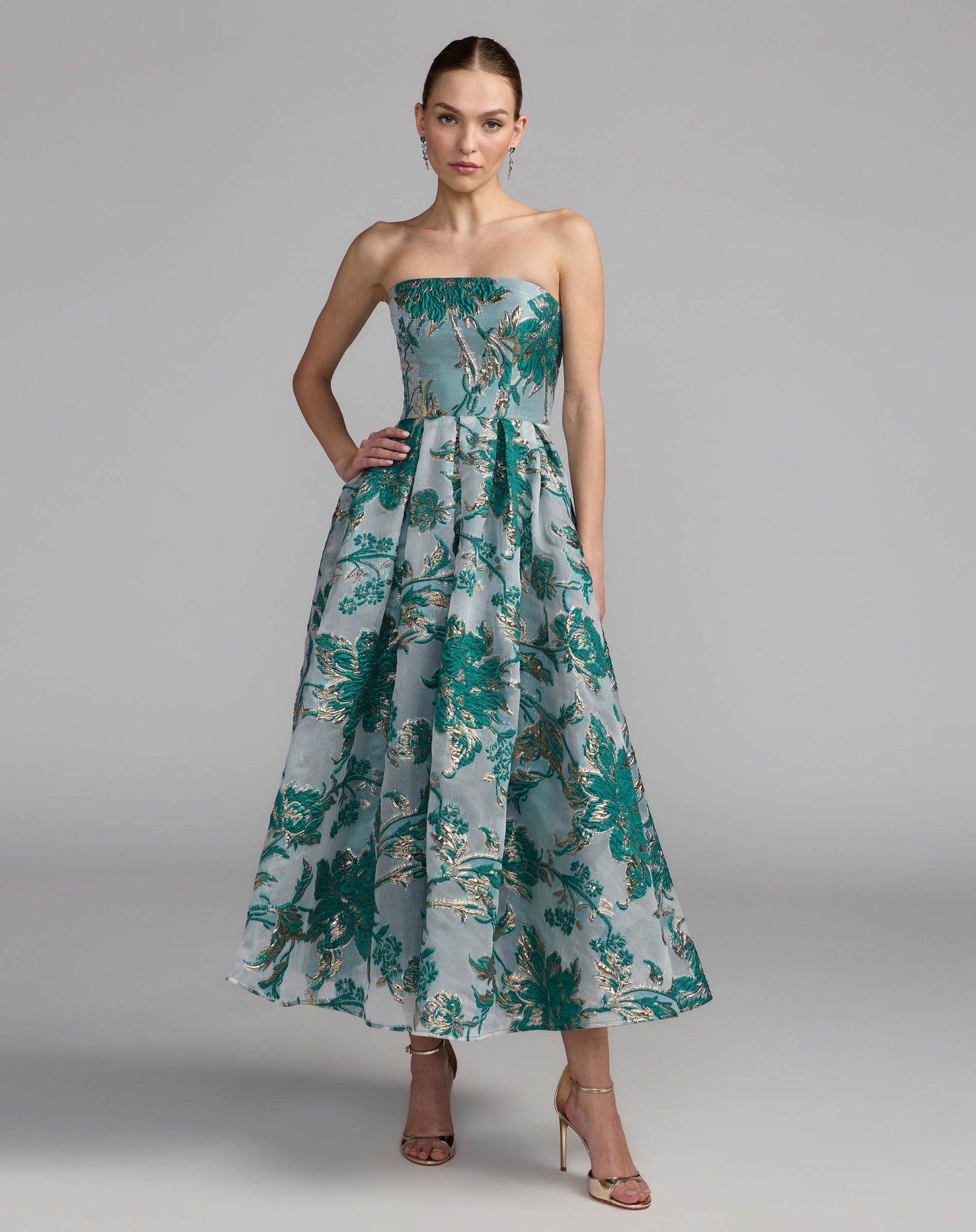 Petite Blue Strapless Brocade Midi Dress with Pockets - Mac Duggal 