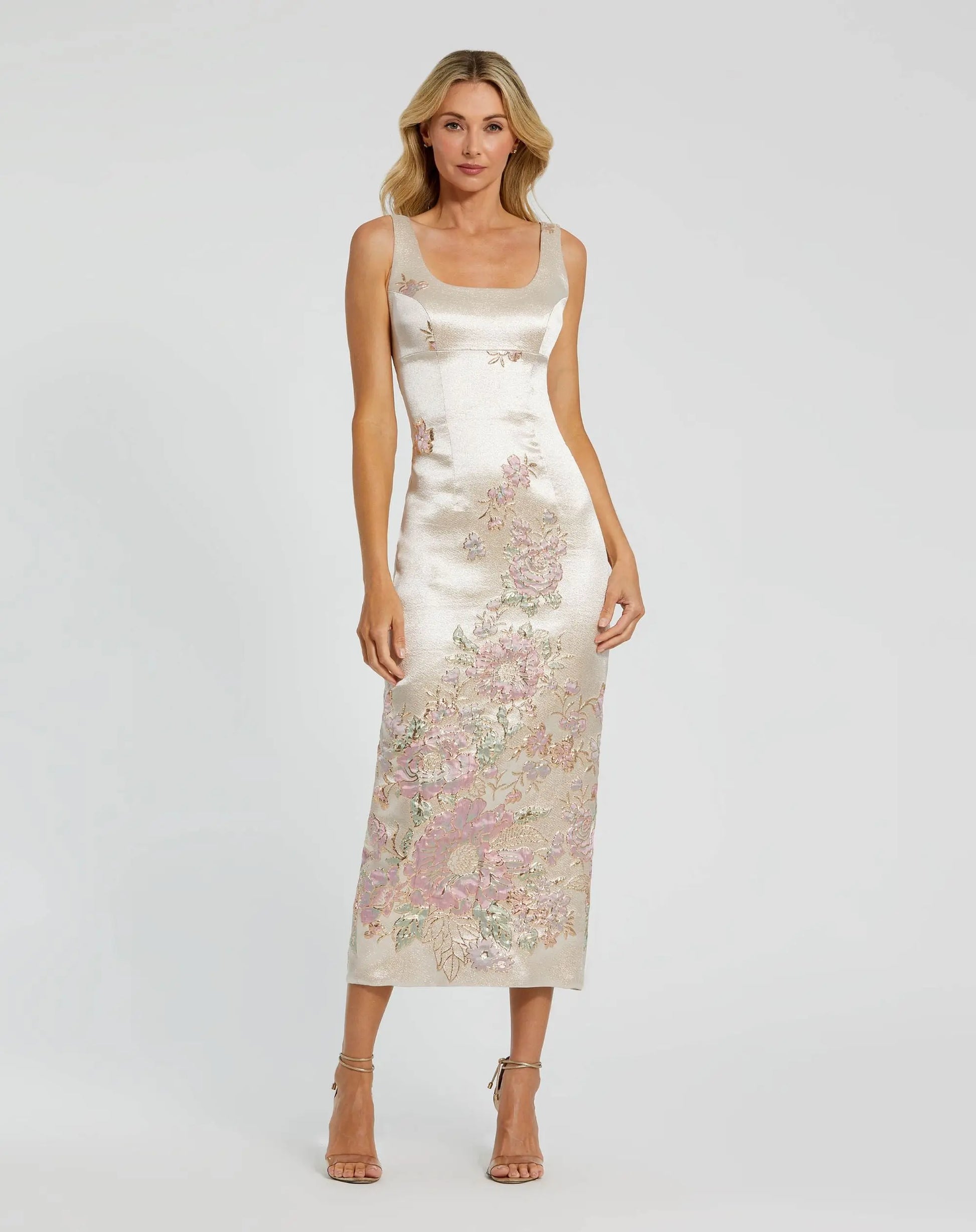 Petite Slim Strap Scoop Neck Bustier Brocade Midi Dress | Mac Duggal Petite Slim Strap Scoop Neck Bustier Brocade Midi Dress | Mac Duggal