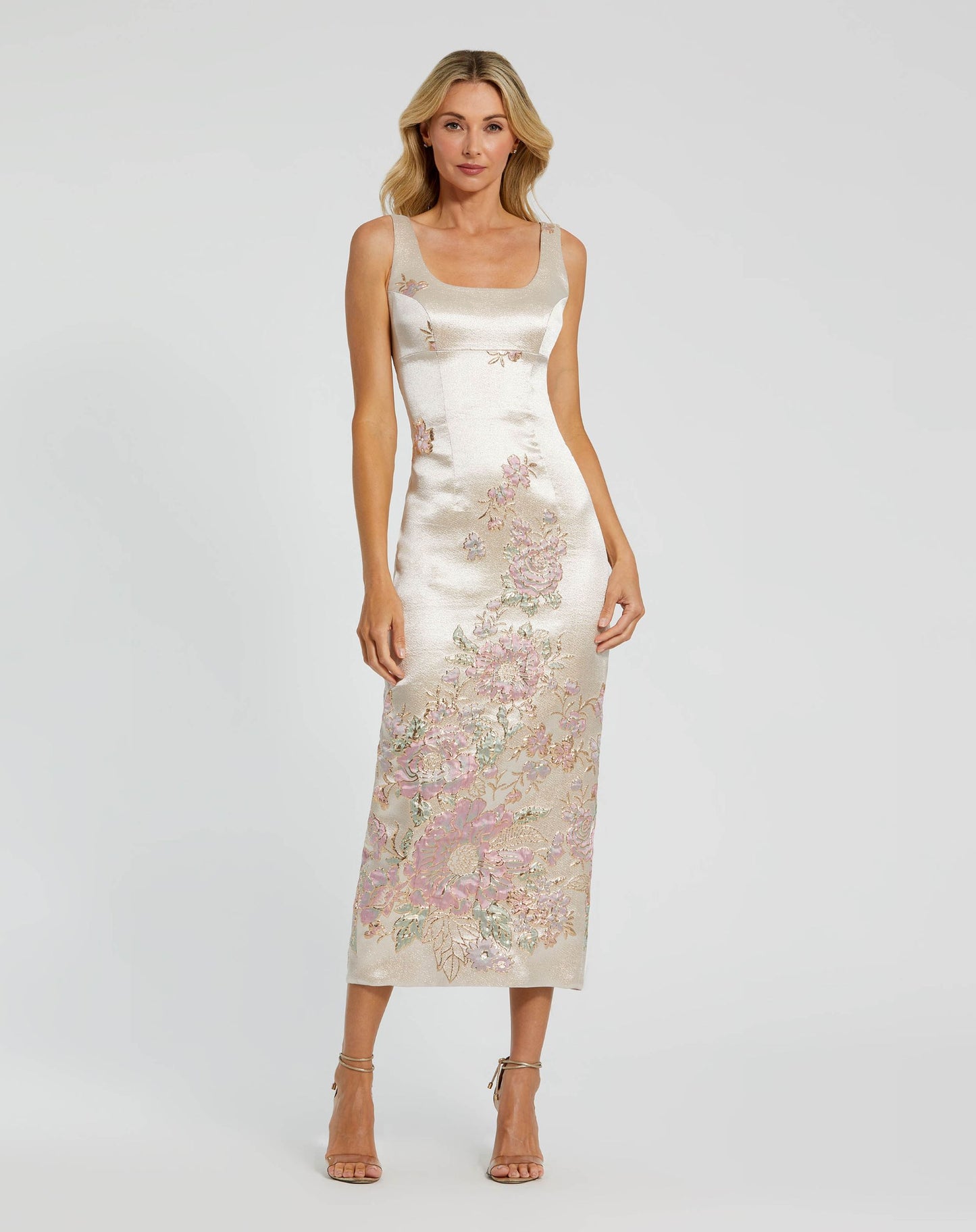 Petite Ivory Slim Strap Scoop Neck Bustier Brocade Midi Dress - Mac Duggal