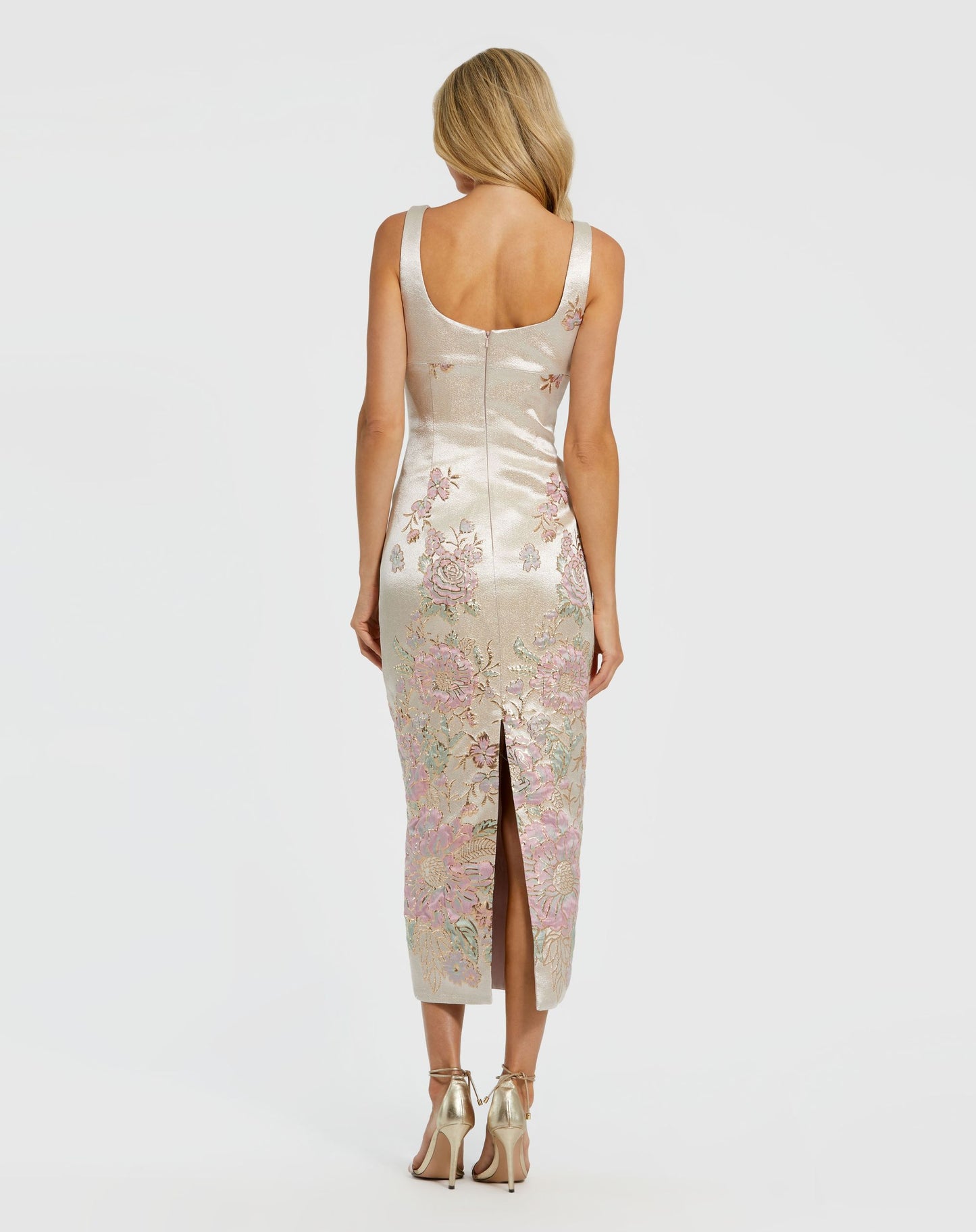 Petite Ivory Slim Strap Scoop Neck Bustier Brocade Midi Dress - Mac Duggal