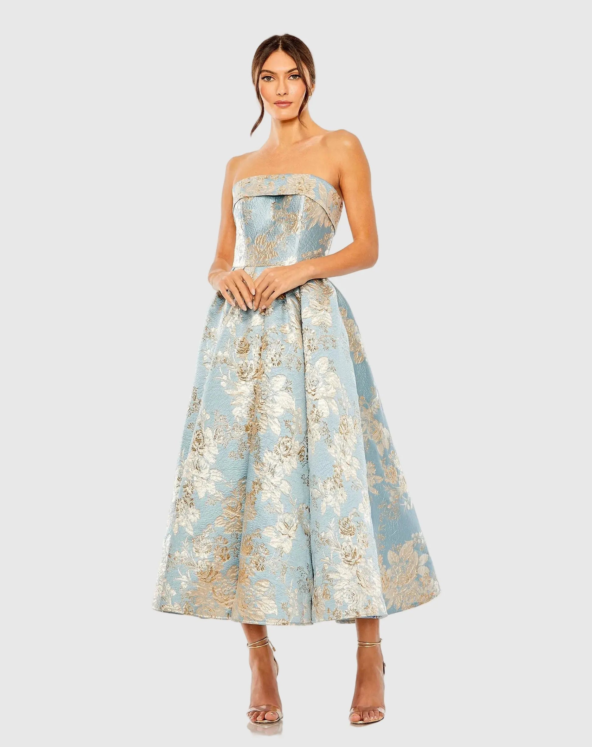 Petite Light Blue Strapless Brocade Midi Dress With Pockets
