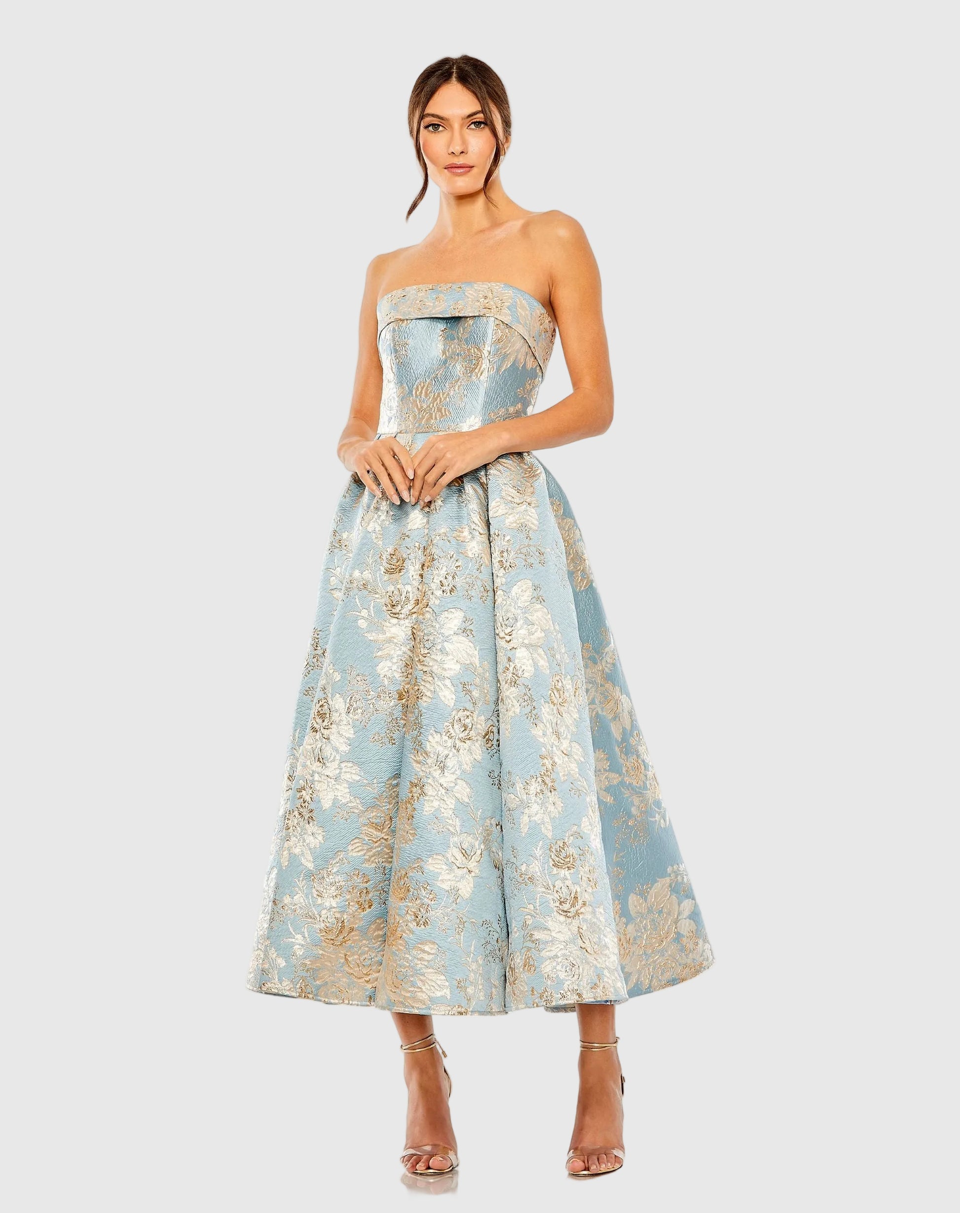 Petite Blue Strapless Brocade Midi Dress with Pockets - Mac Duggal