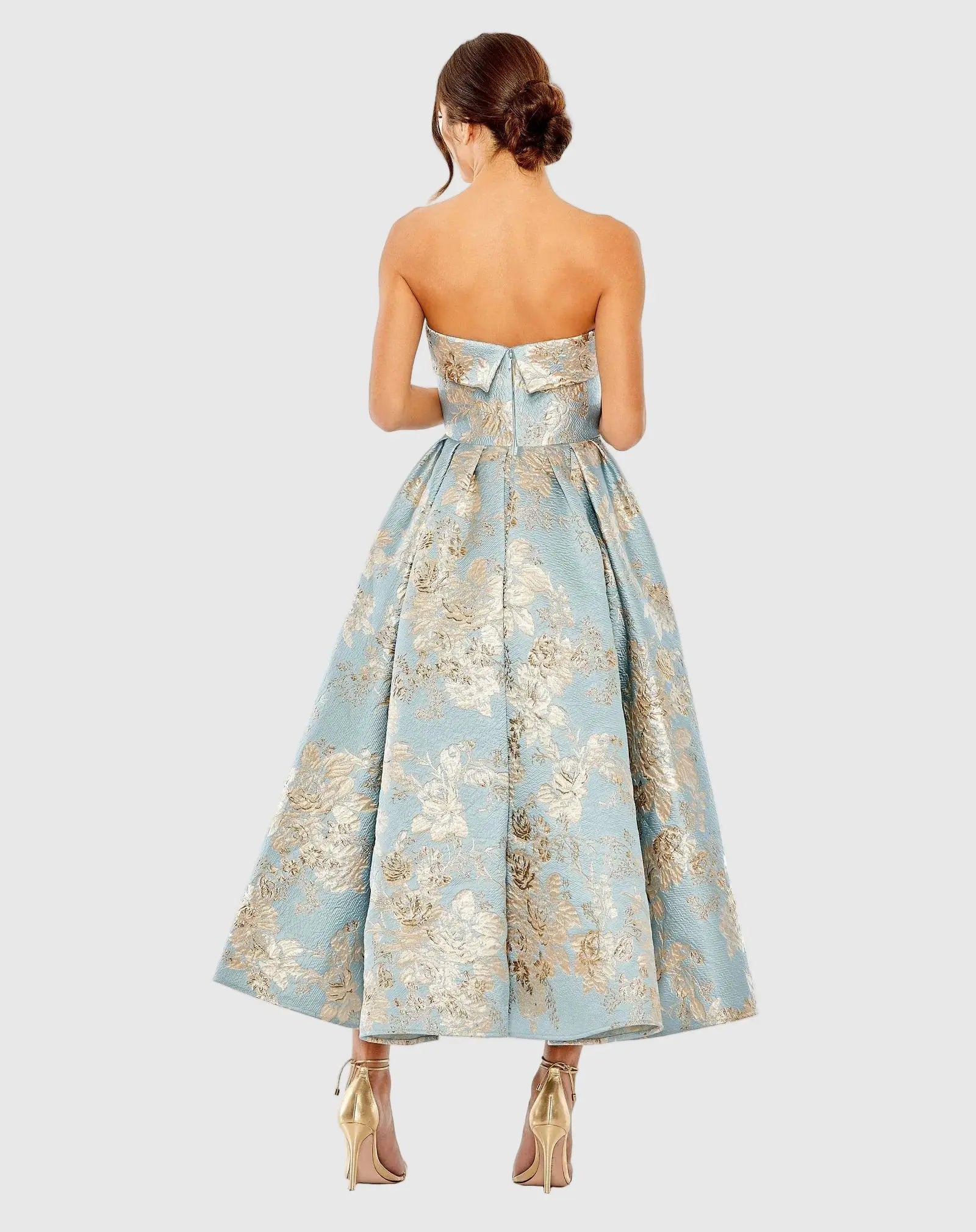 Petite Light Blue Strapless Brocade Midi Dress With Pockets | Mac Duggal Petite Light Blue Strapless Brocade Midi Dress With Pockets | Mac Duggal