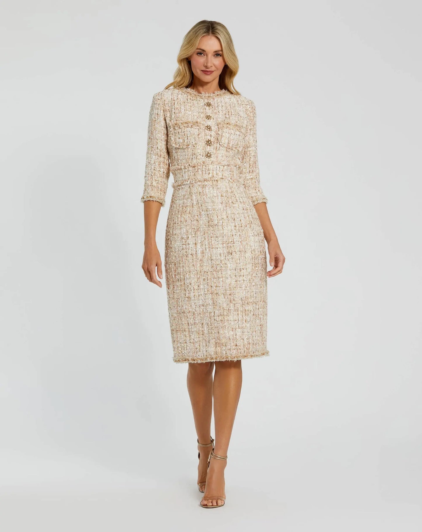 Beaded Trim Boucle Midi Dress with 3/4 Sleeves | Mac Duggal Beaded Trim Boucle Midi Dress with 3/4 Sleeves | Mac Duggal