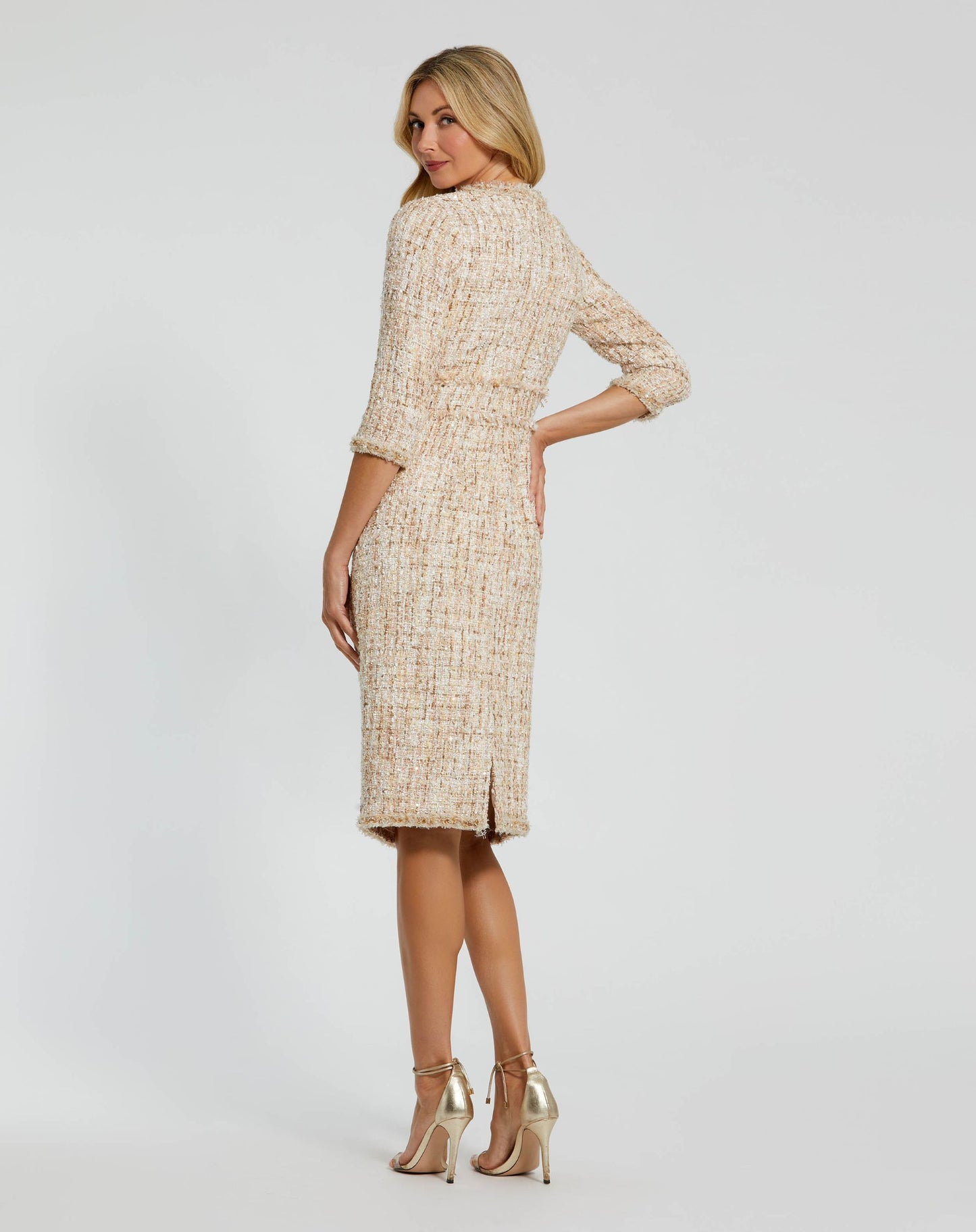 Petite Beige 3/4 Sleeve Beaded Trim Boucle Midi Dress - Mac Duggal