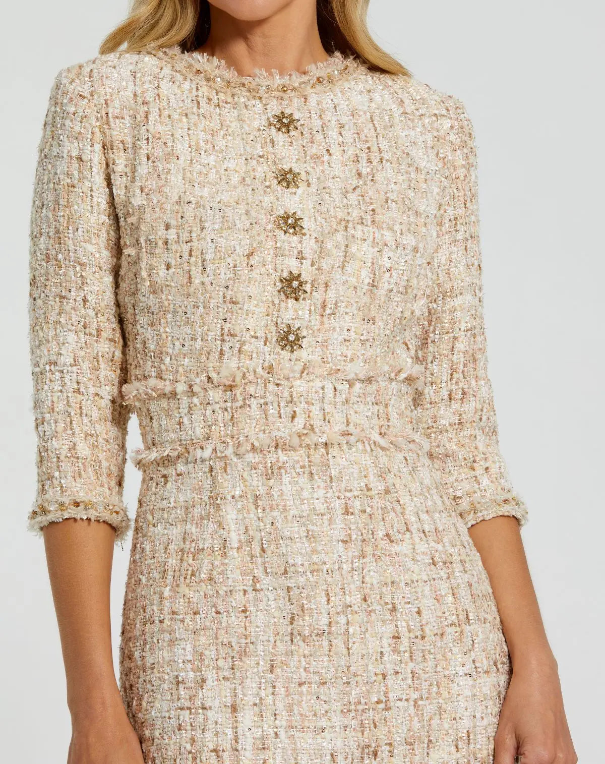 3 4 sleeve petite midi dress Beaded Trim Boucle Midi Dress with 3/4 Sleeves