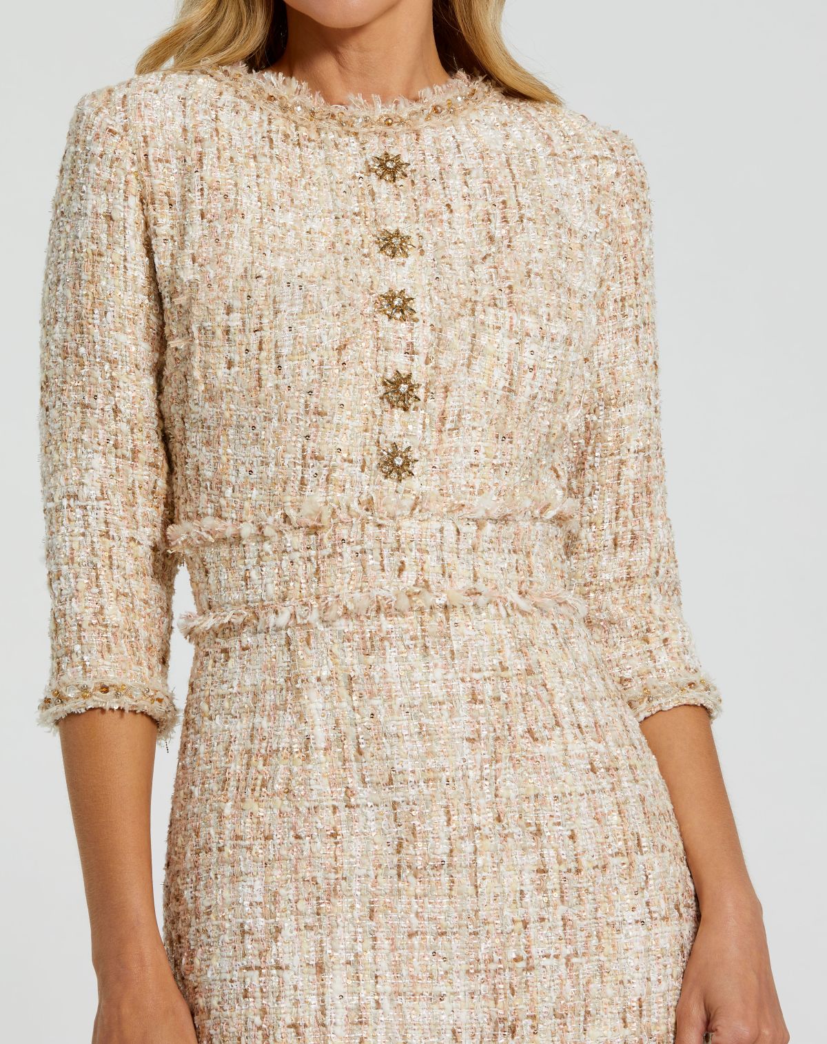Petite Beige 3/4 Sleeve Beaded Trim Boucle Midi Dress - Mac Duggal