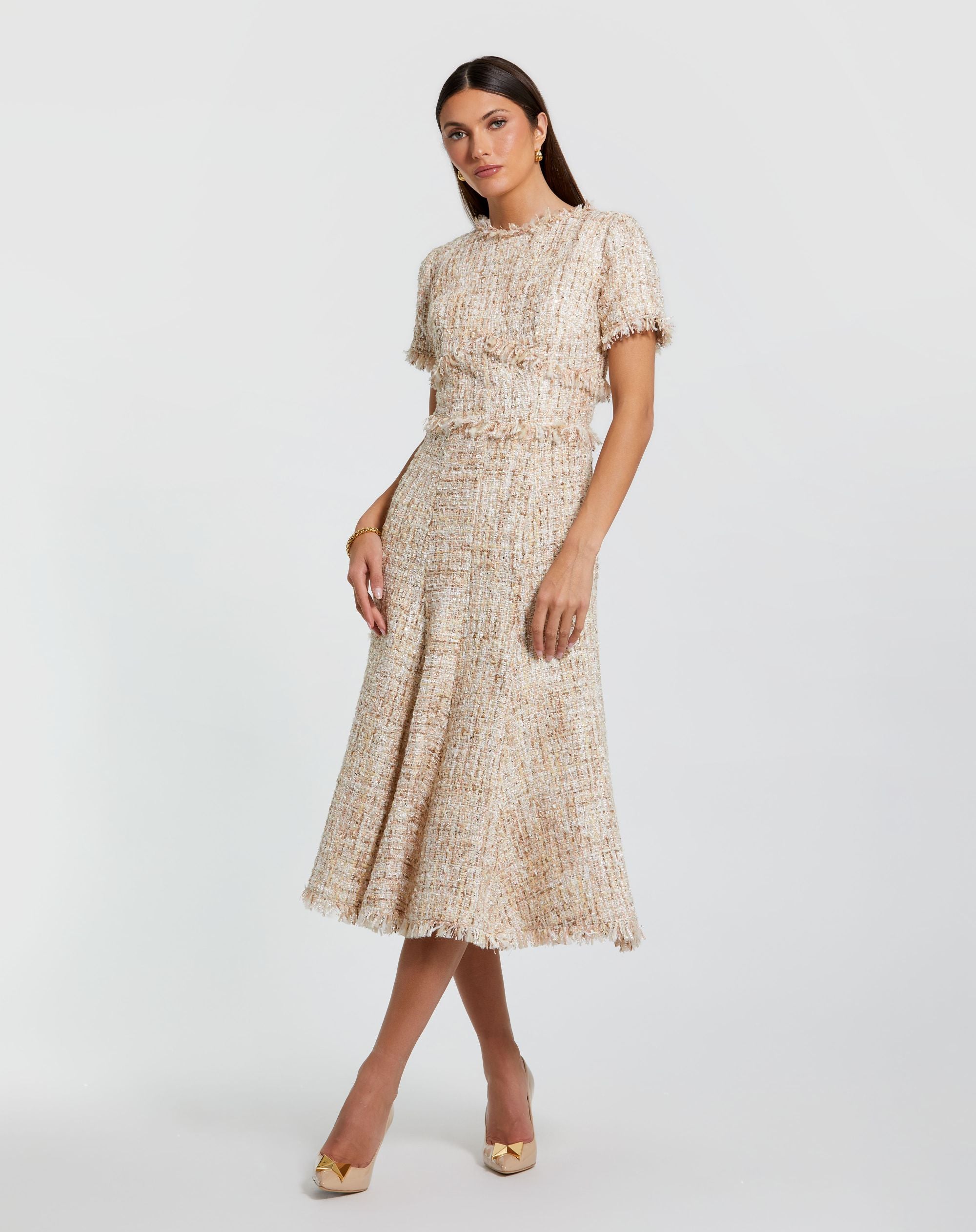 Petite Beige Boucle Short Sleeve A Line Midi Dress