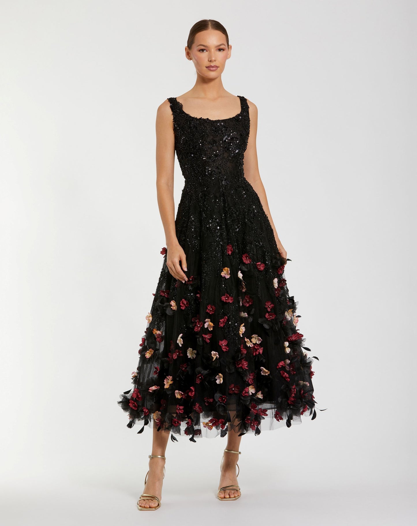 Petite Black Sleeveless Beaded Midi Dress With 3D Flowers - Mac Duggal