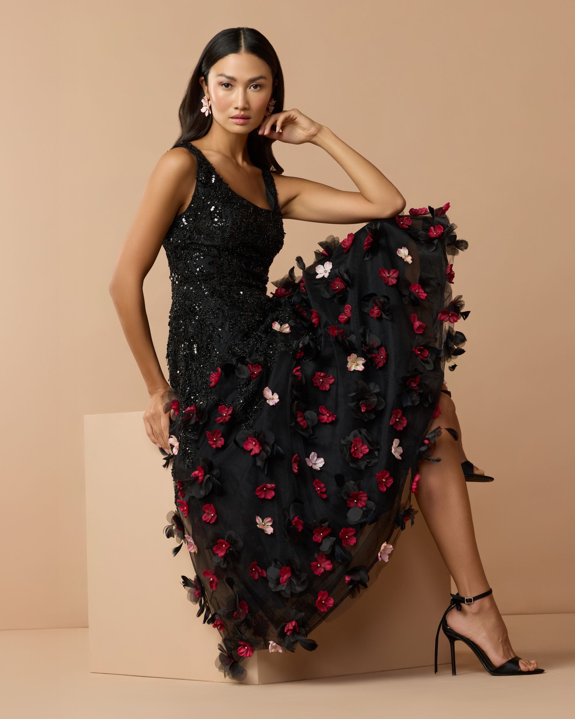 Mac Duggal Collection - Black Sleeveless Beaded Midi Dress With 3D Flowers