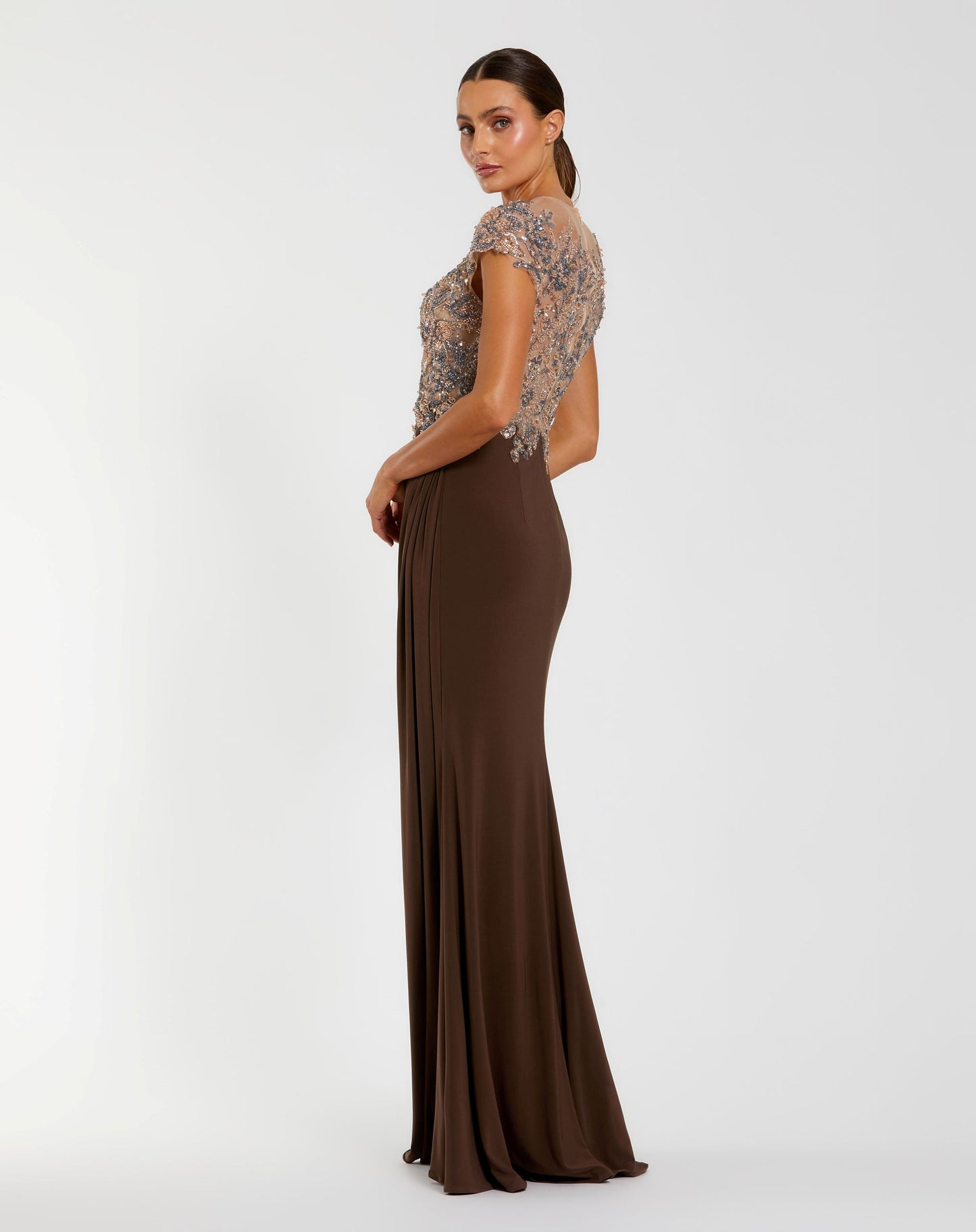 Petite Brown High Neck Embellished Jersey Gown - Mac Duggal