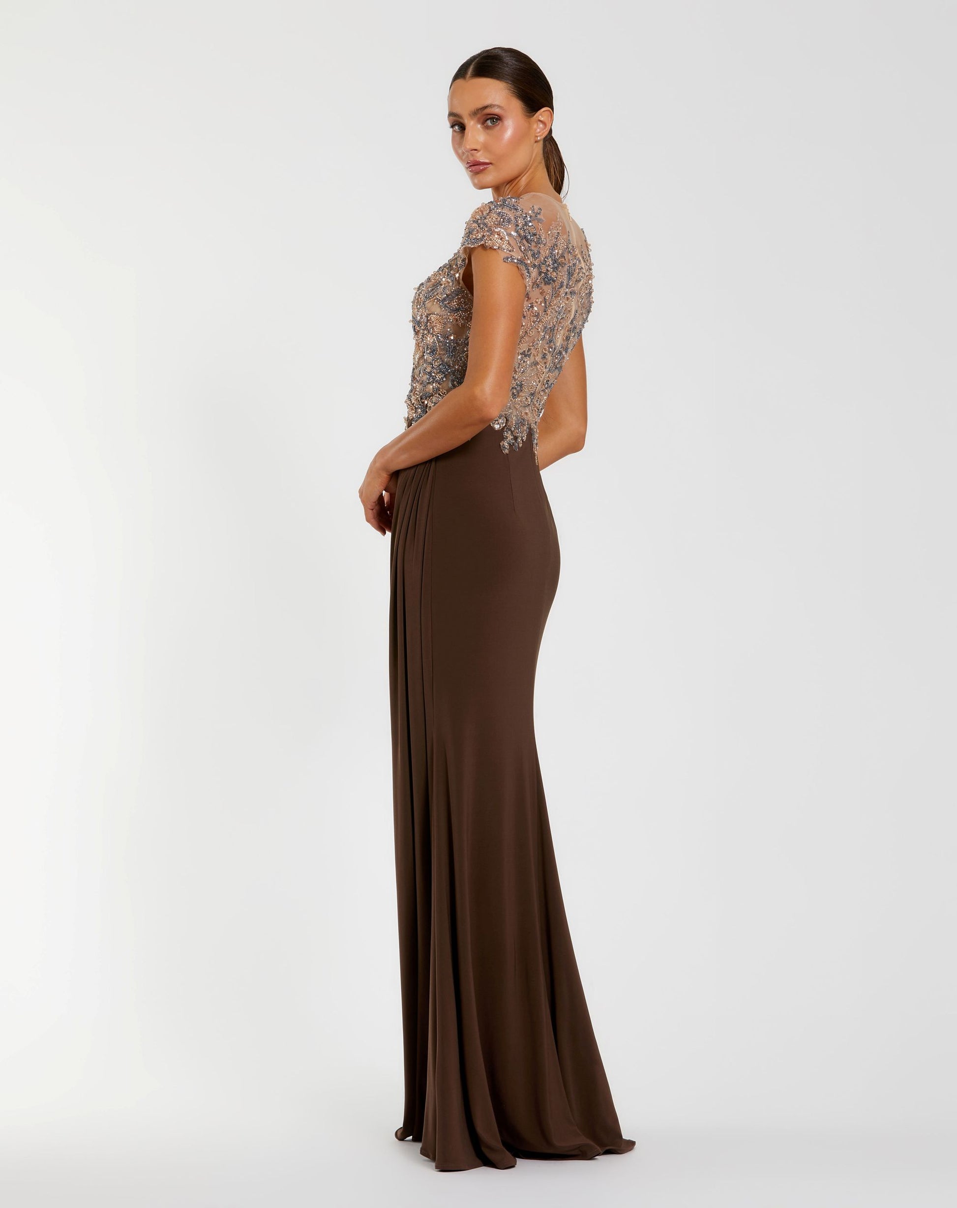 Petite Brown High Neck Embellished Jersey Gown - Mac Duggal