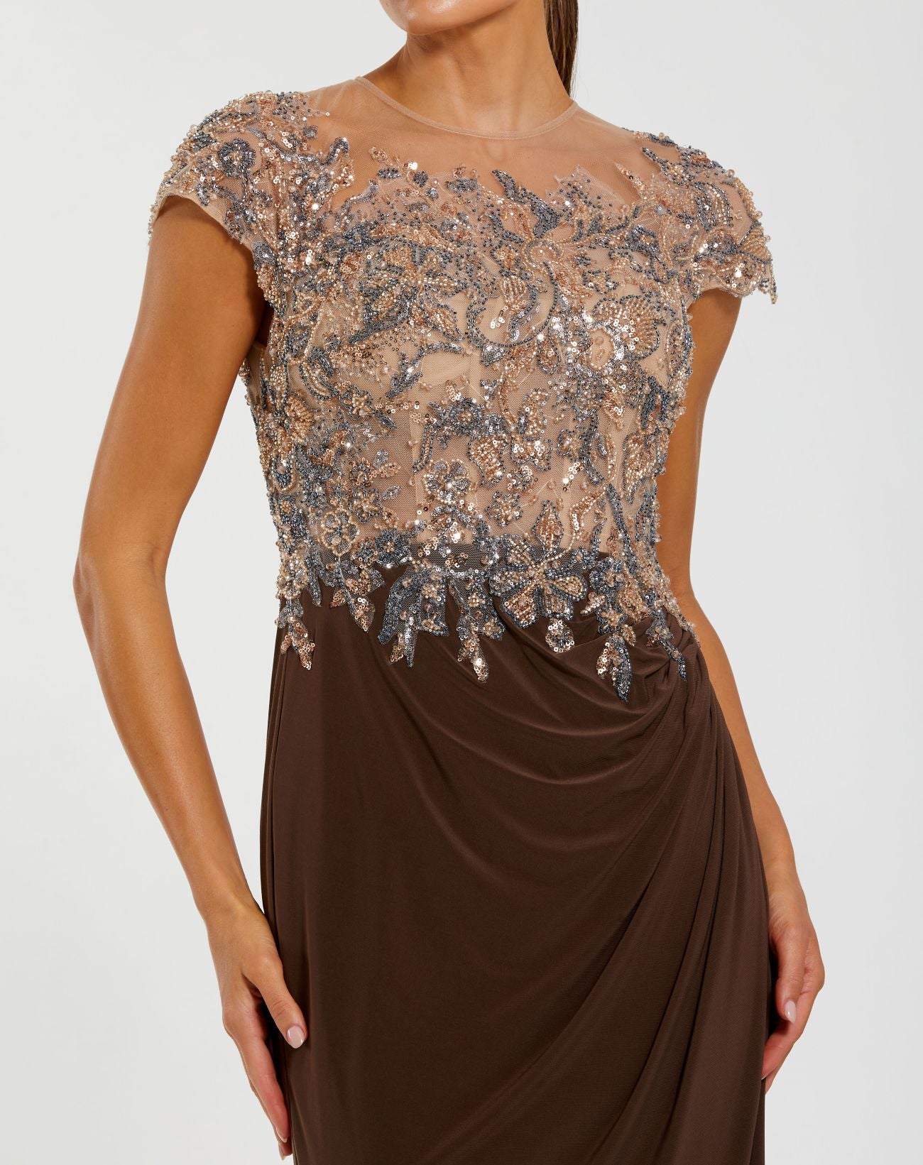 Petite Brown High Neck Embellished Jersey Gown - Mac Duggal