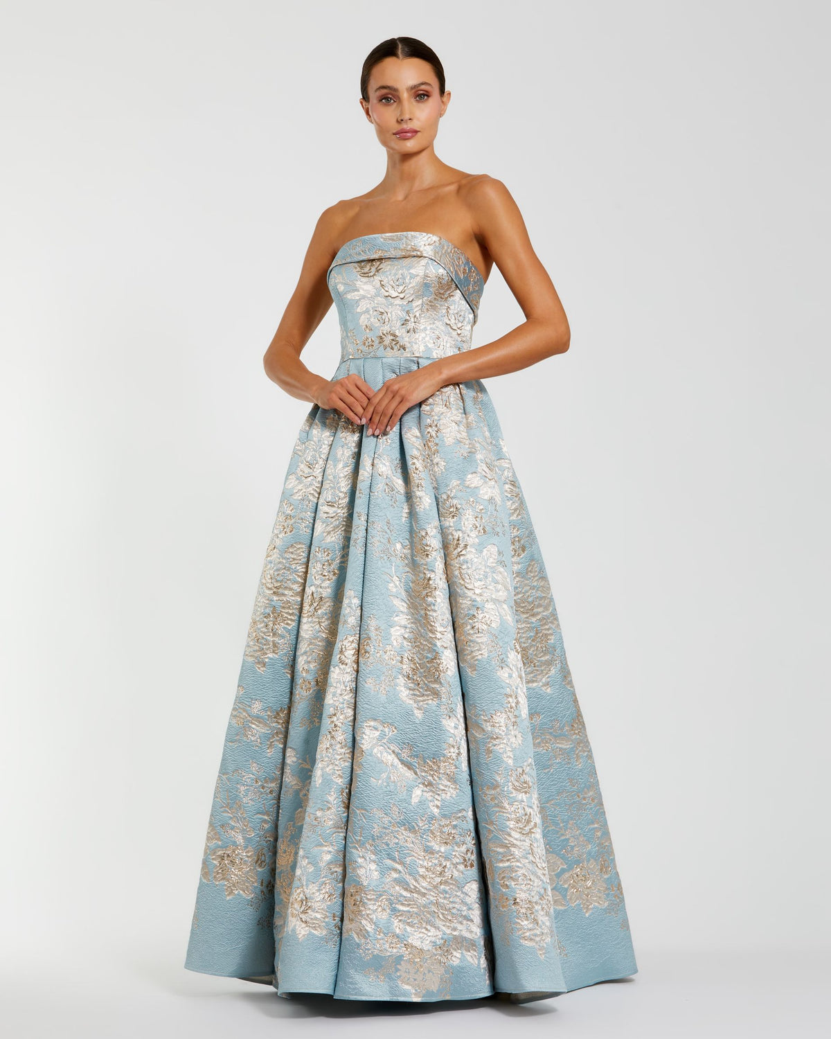 Petite Blue Multi Strapless Brocade Ball Gown with Pockets - Mac Duggal