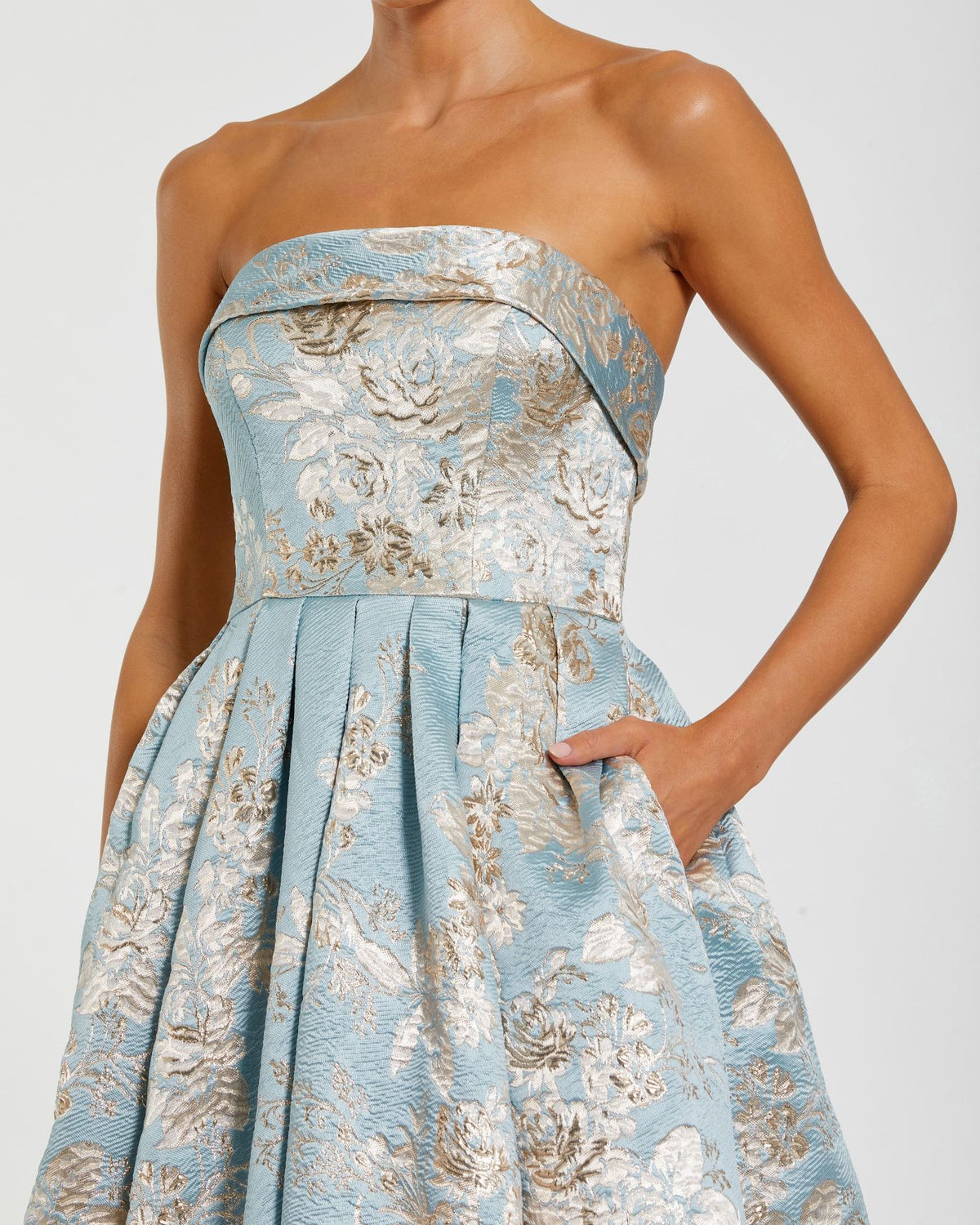 Petite Blue Multi Strapless Brocade Ball Gown with Pockets - Mac Duggal