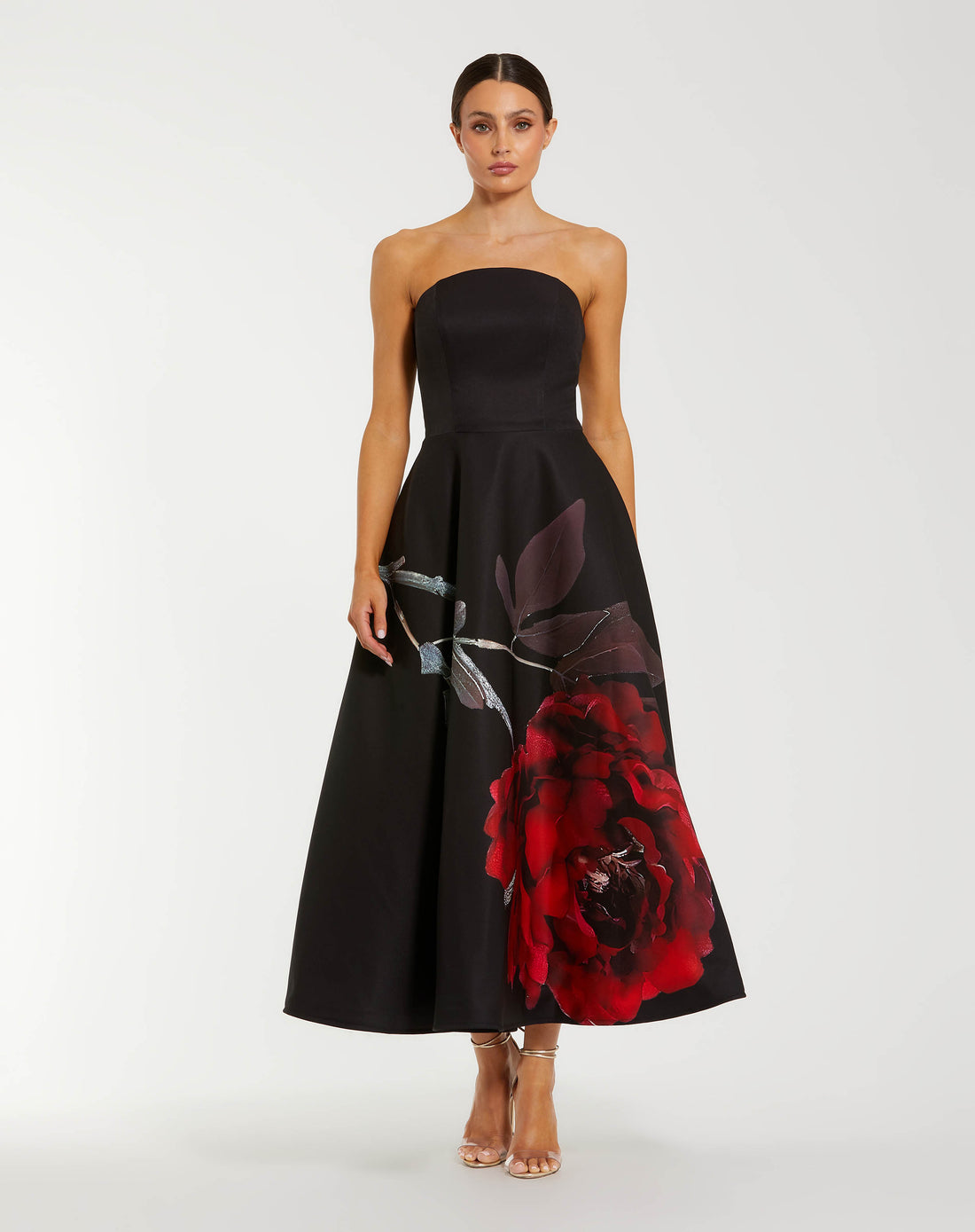 Black Printed Satin Strapless Midi Dress With Pockets - Ieena for Mac Duggal