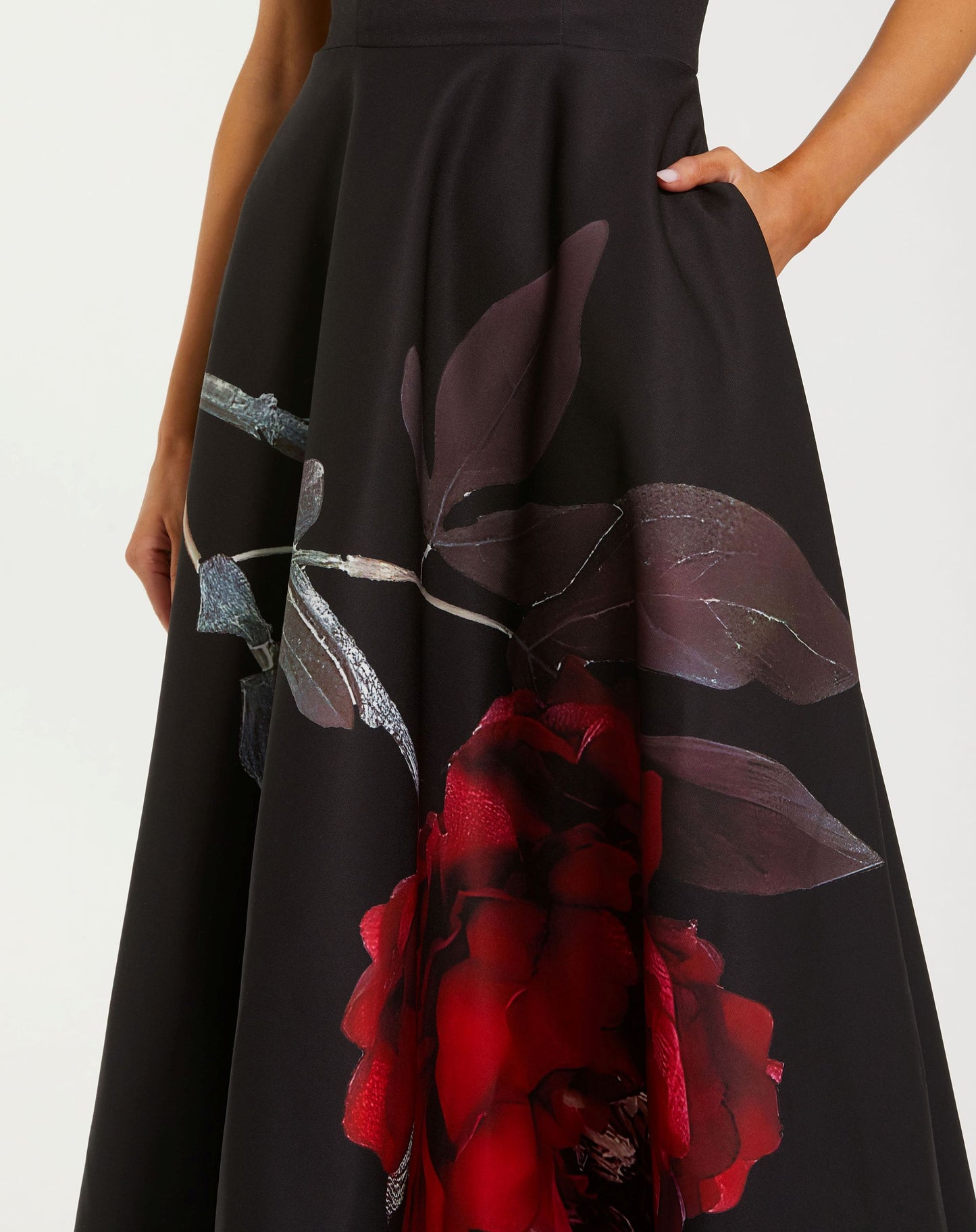 Black Printed Satin Strapless Midi Dress With Pockets - Ieena for Mac Duggal