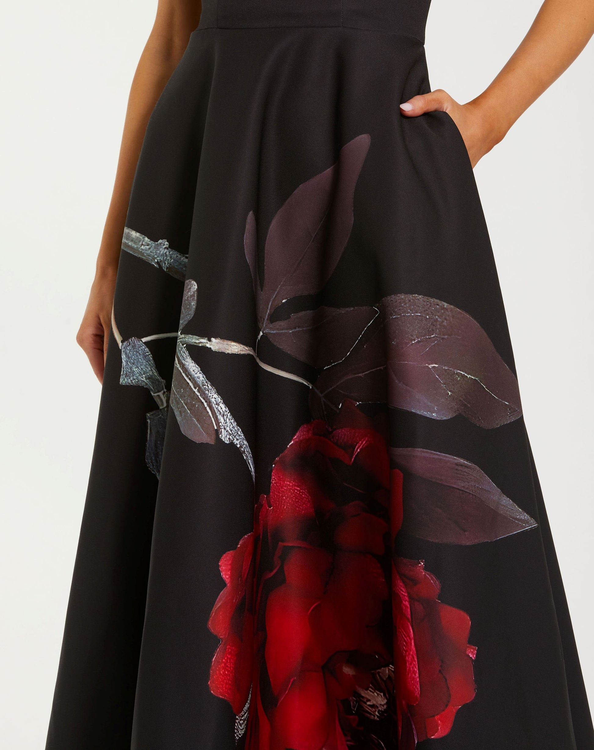 Black Printed Satin Strapless Midi Dress With Pockets - Ieena for Mac Duggal