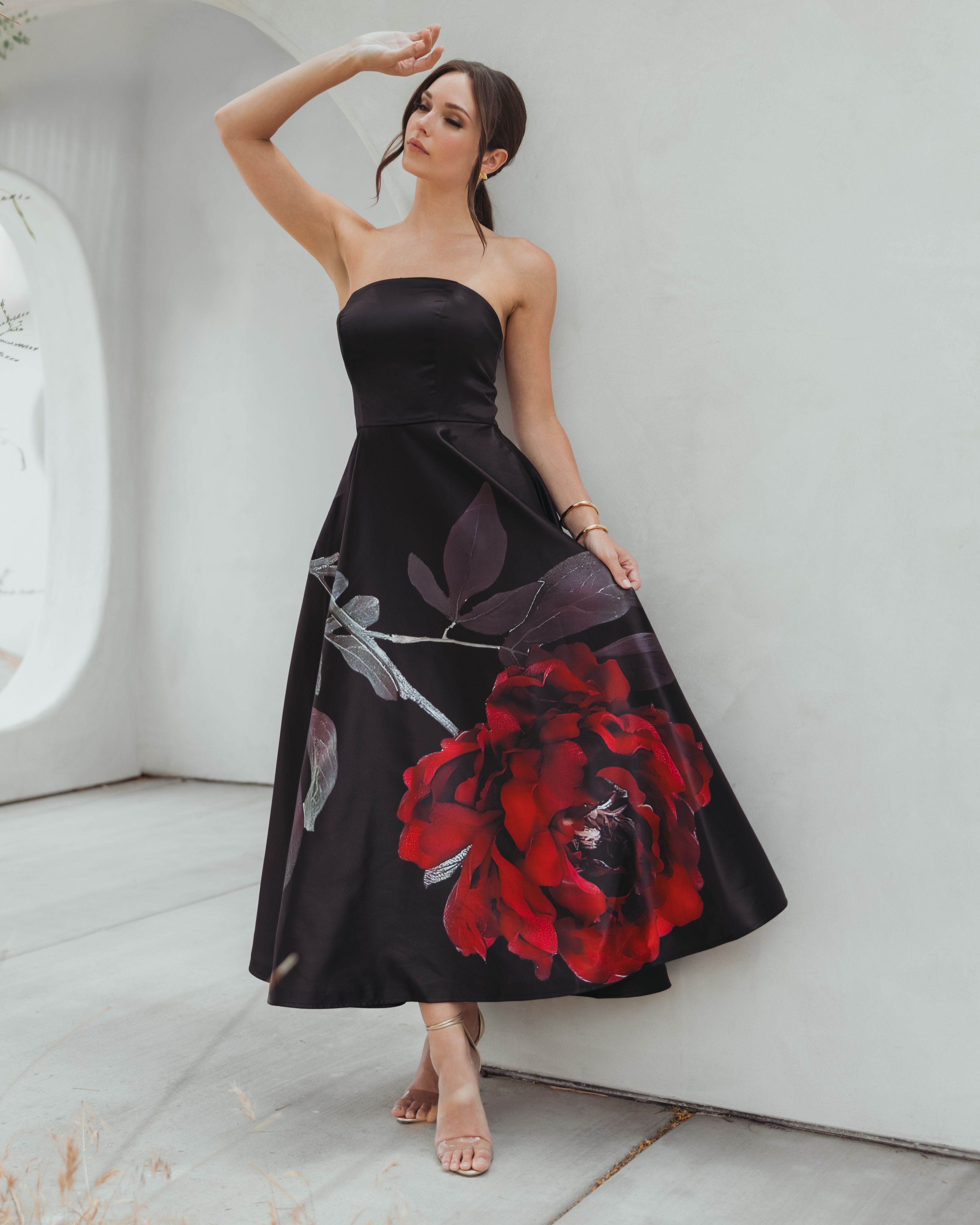 Black Printed Satin Strapless Midi Dress With Pockets - Mac Duggal
