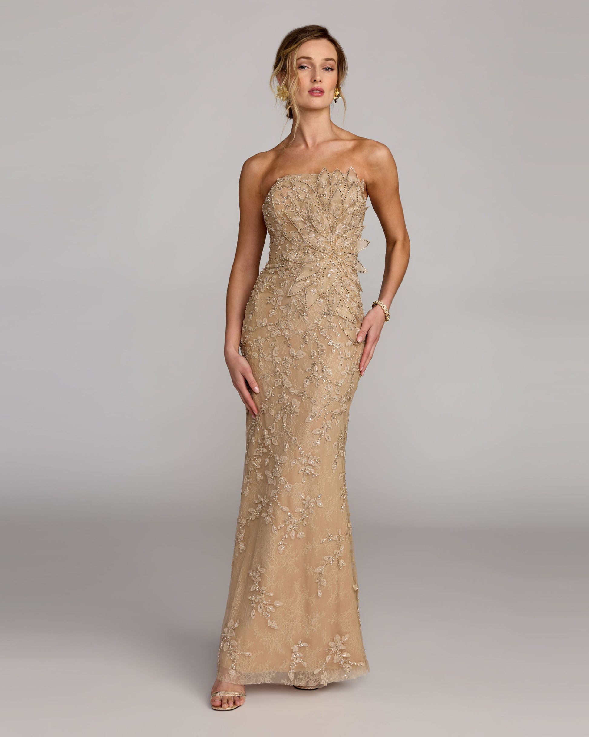 Petite Beige Strapless Embellished Lace Gown with 3D Flower Mac Duggal