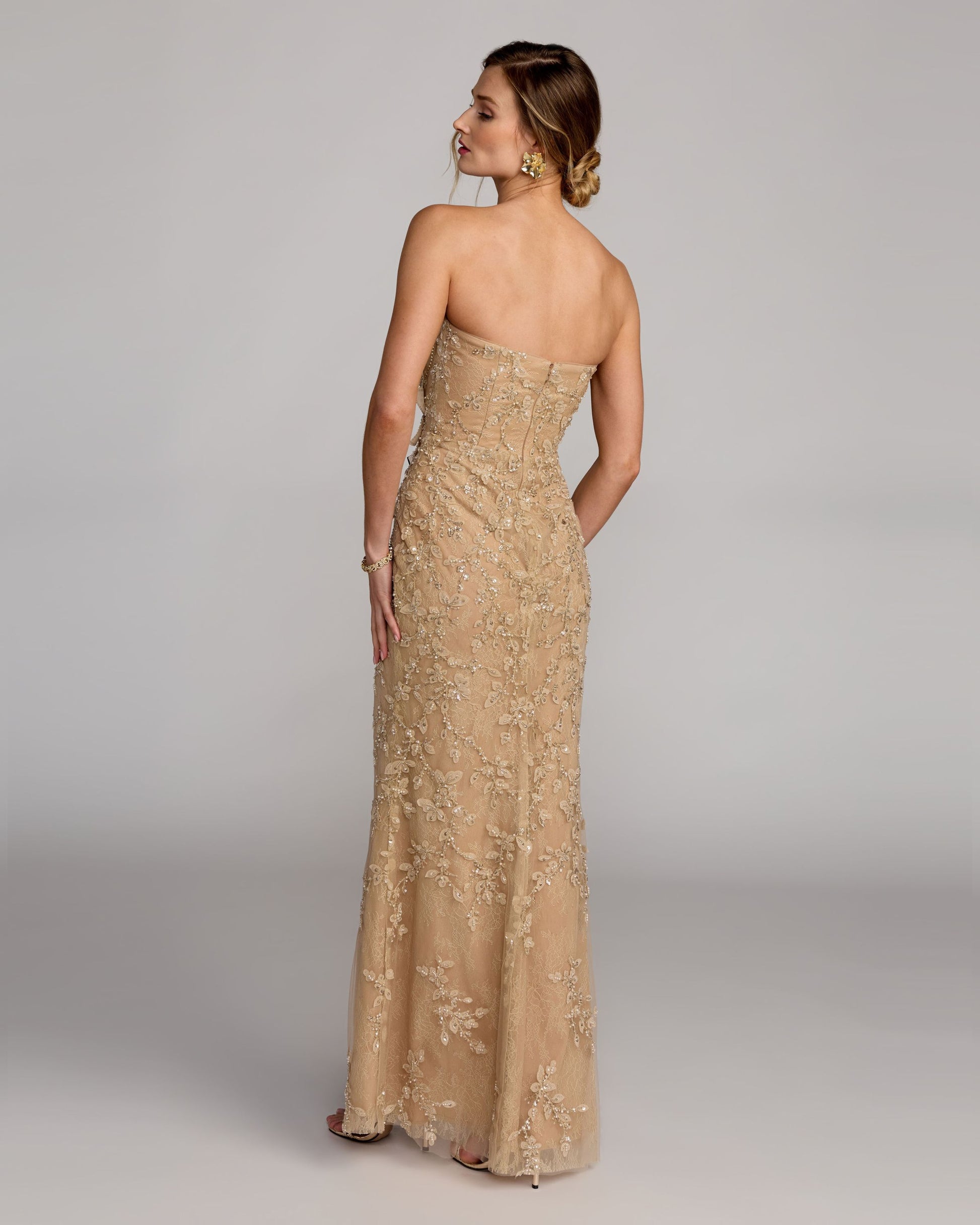 Petite Beige Strapless Embellished Lace Gown with 3D Flower Mac Duggal