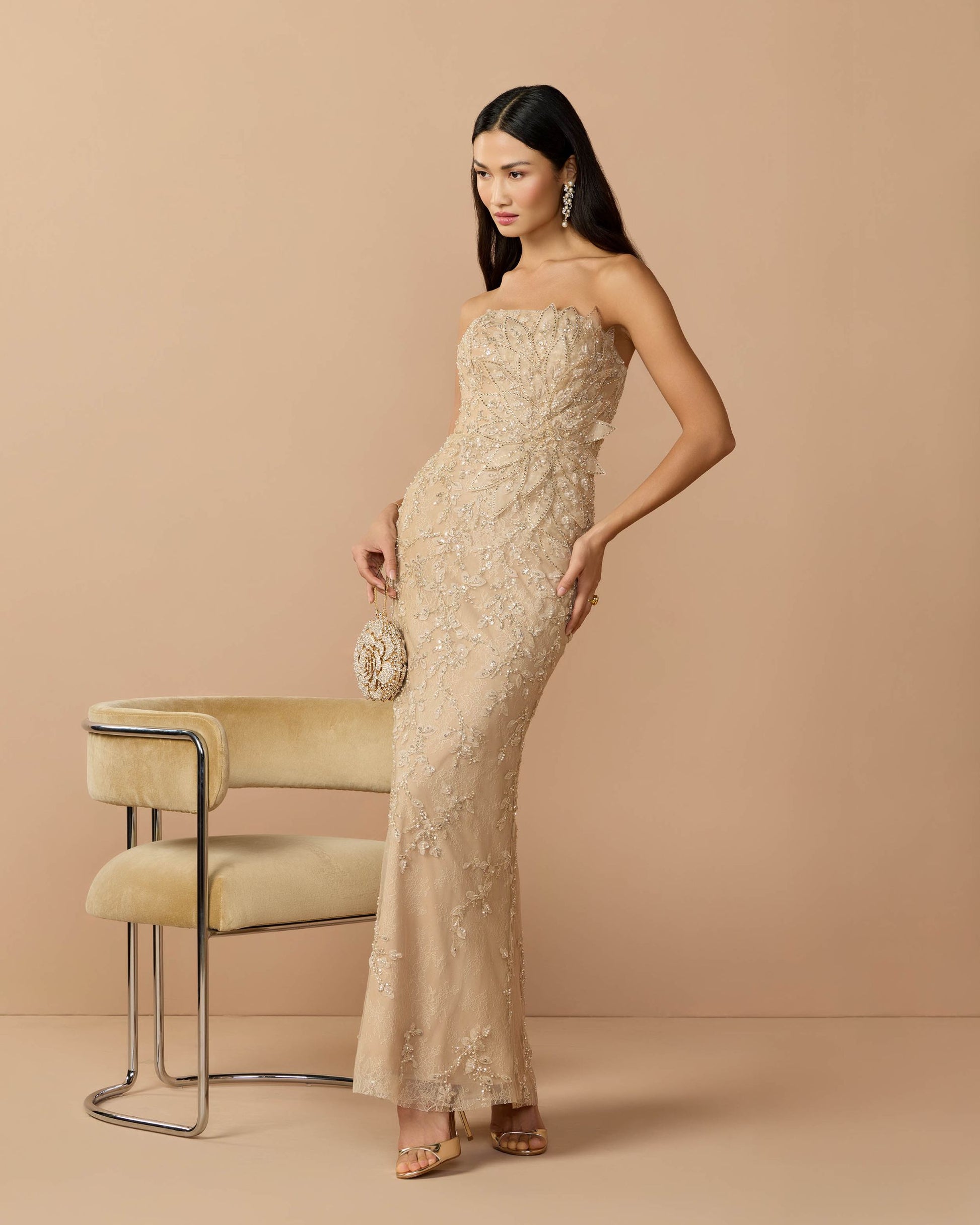 Petite Beige Strapless Embellished Lace Gown with 3D Flower Mac Duggal