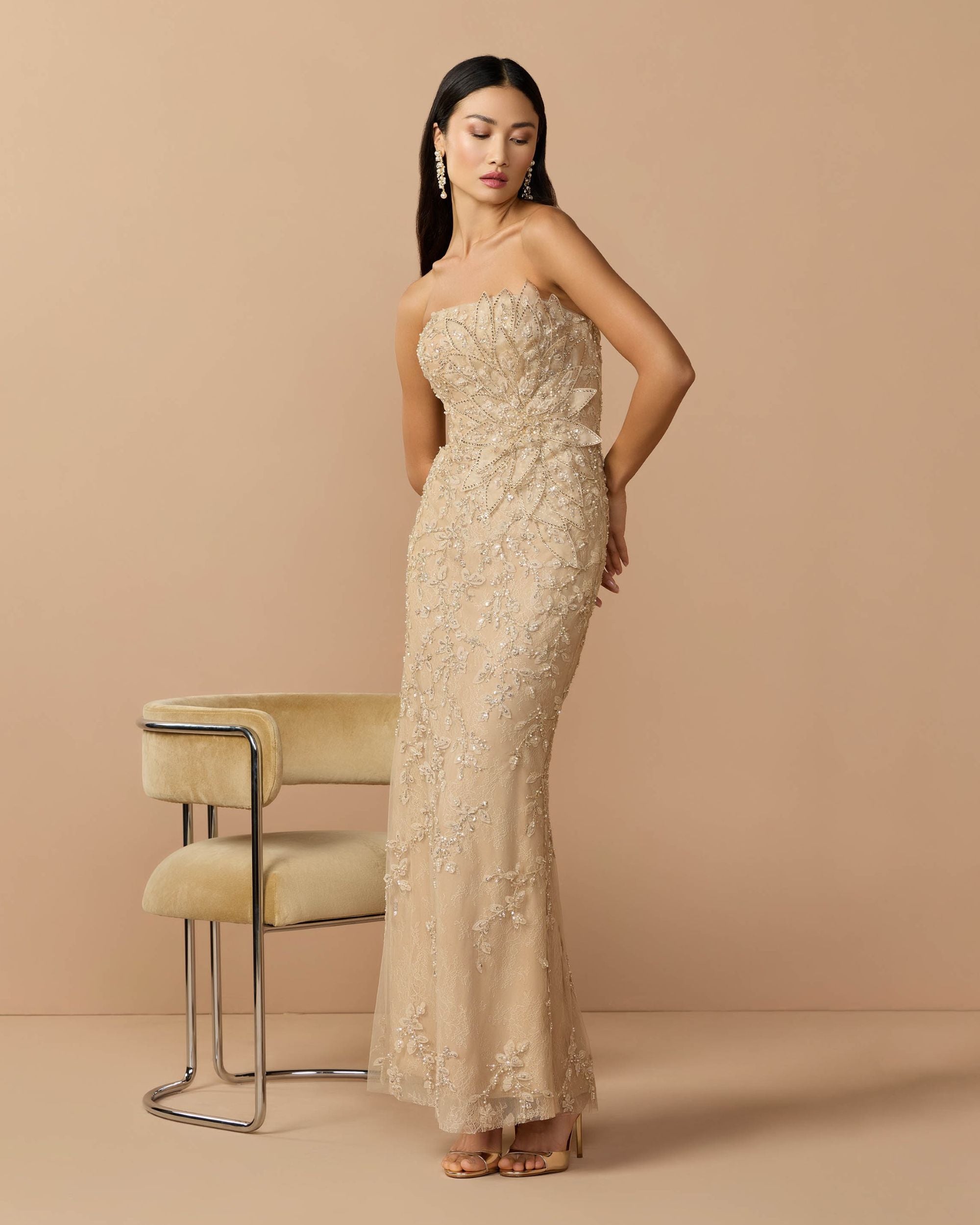 Petite Beige Strapless Embellished Lace Gown with 3D Flower