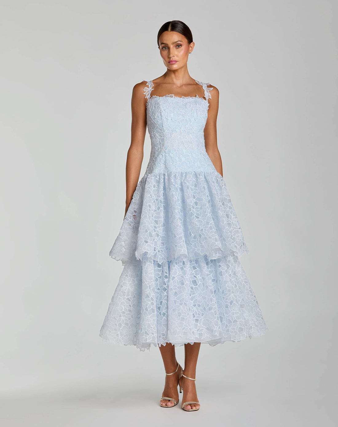 Petite Blue Sleeveless Embroidered Lace Tiered Midi Dress - Ieena for Mac Duggal