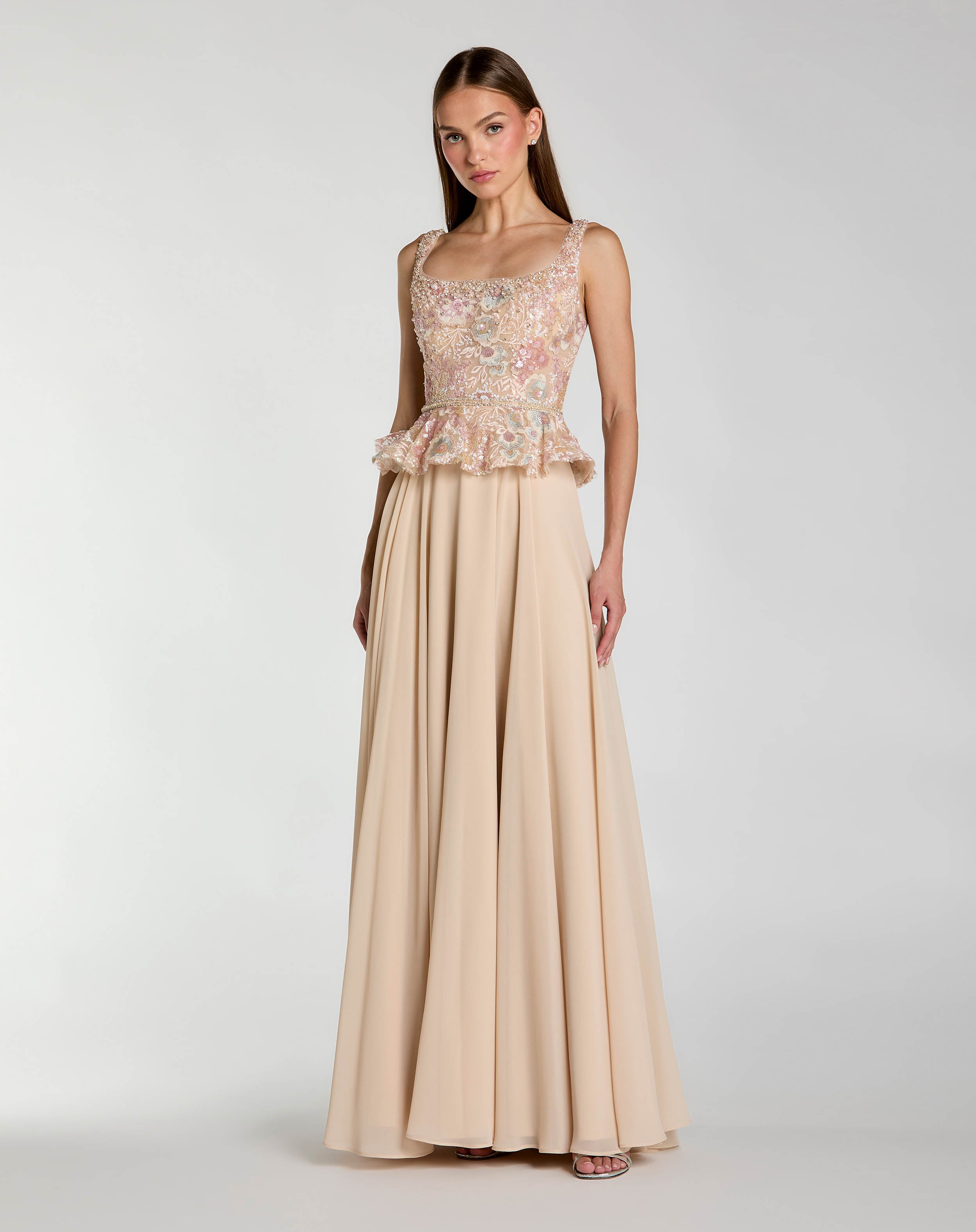 Petite Beige Embroidered Peplum Top With Chiffon Skirt Gown - Mac Duggal