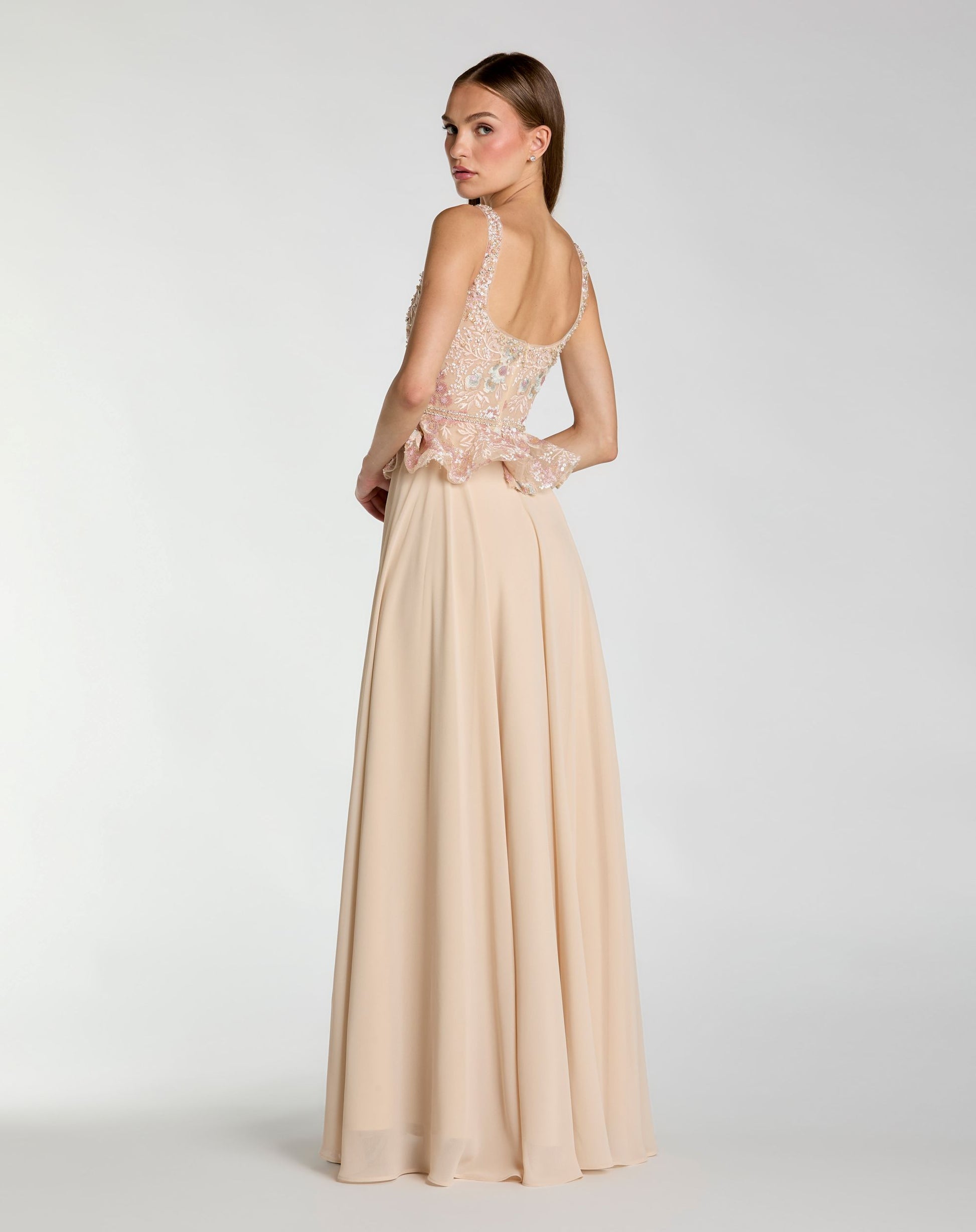 Petite Beige Embroidered Peplum Top With Chiffon Skirt Gown - Mac Duggal