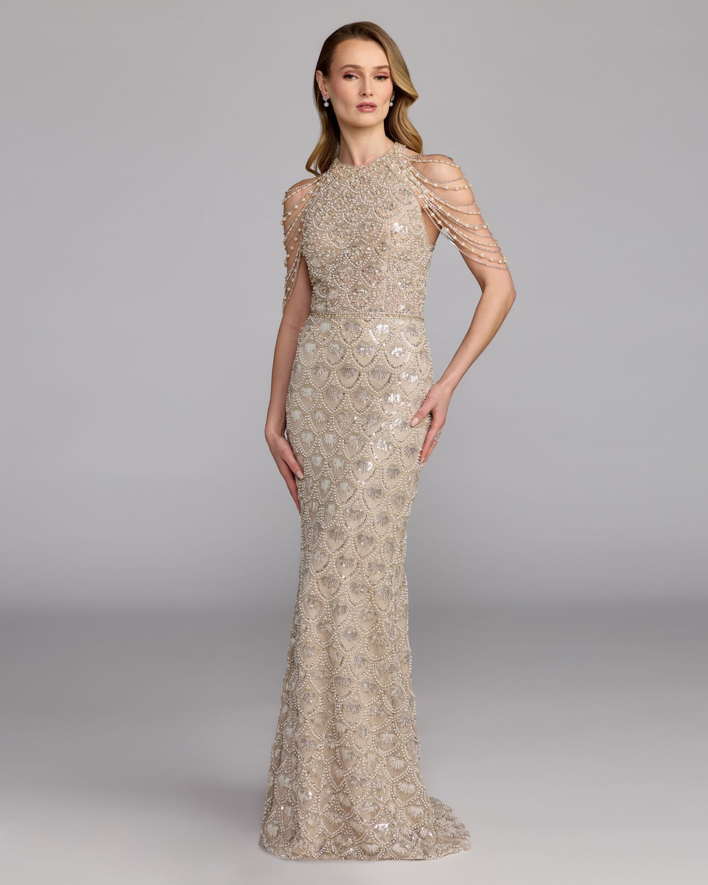 Petite Nude Embellished Lace Column Gown Mac Duggal 