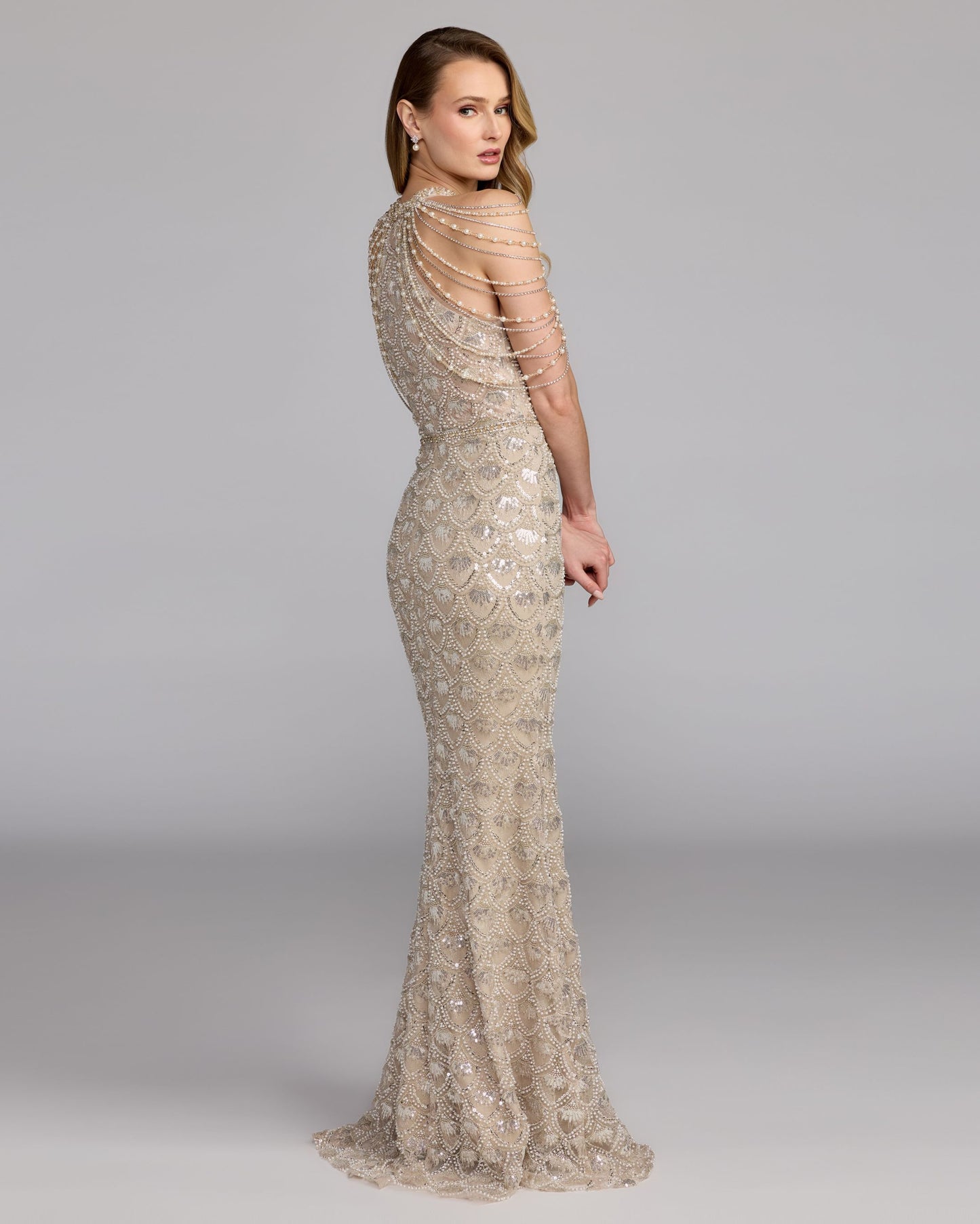 Petite Nude Embellished Lace Column Gown Mac Duggal 