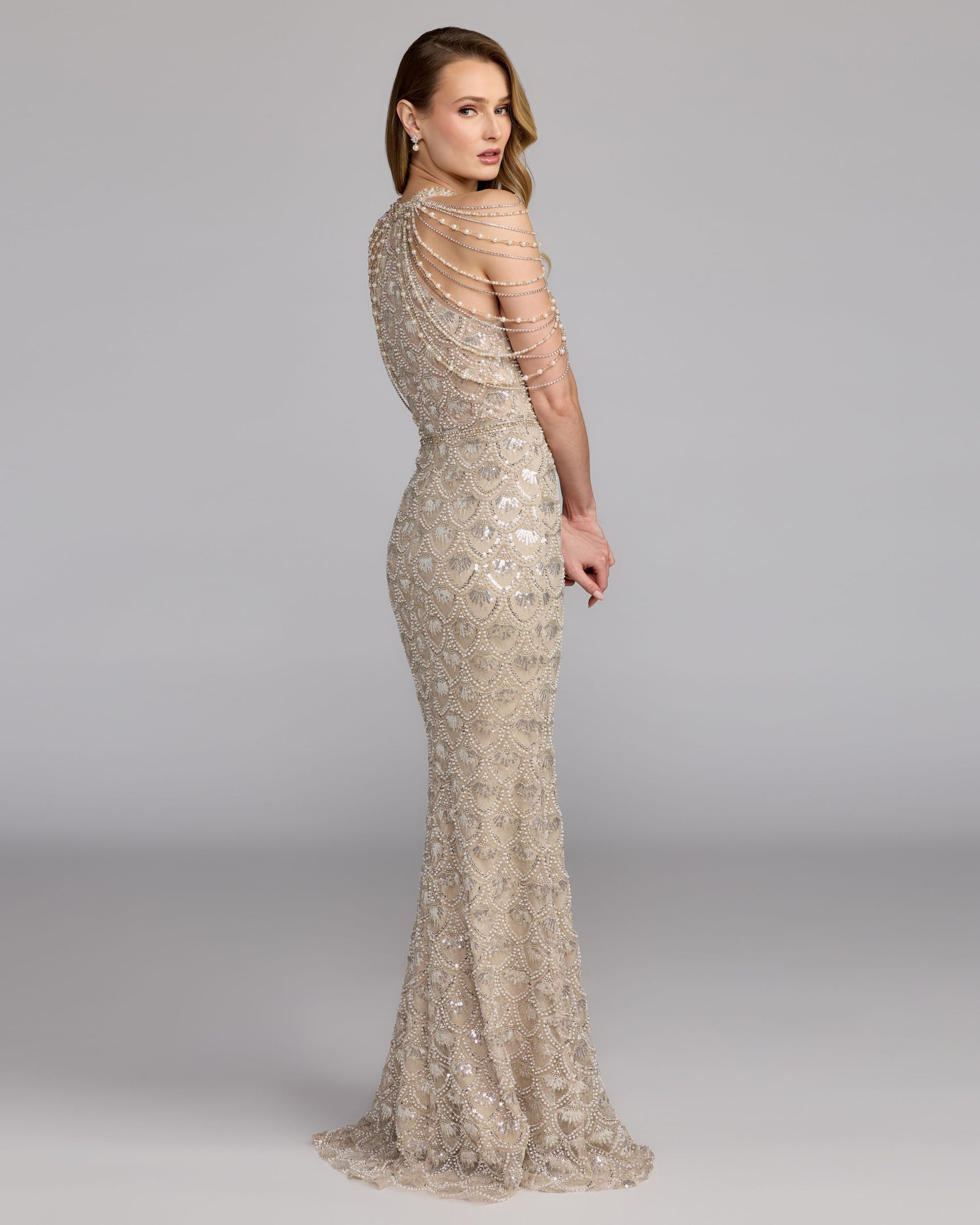 Petite Nude Embellished Lace Column Gown Mac Duggal 