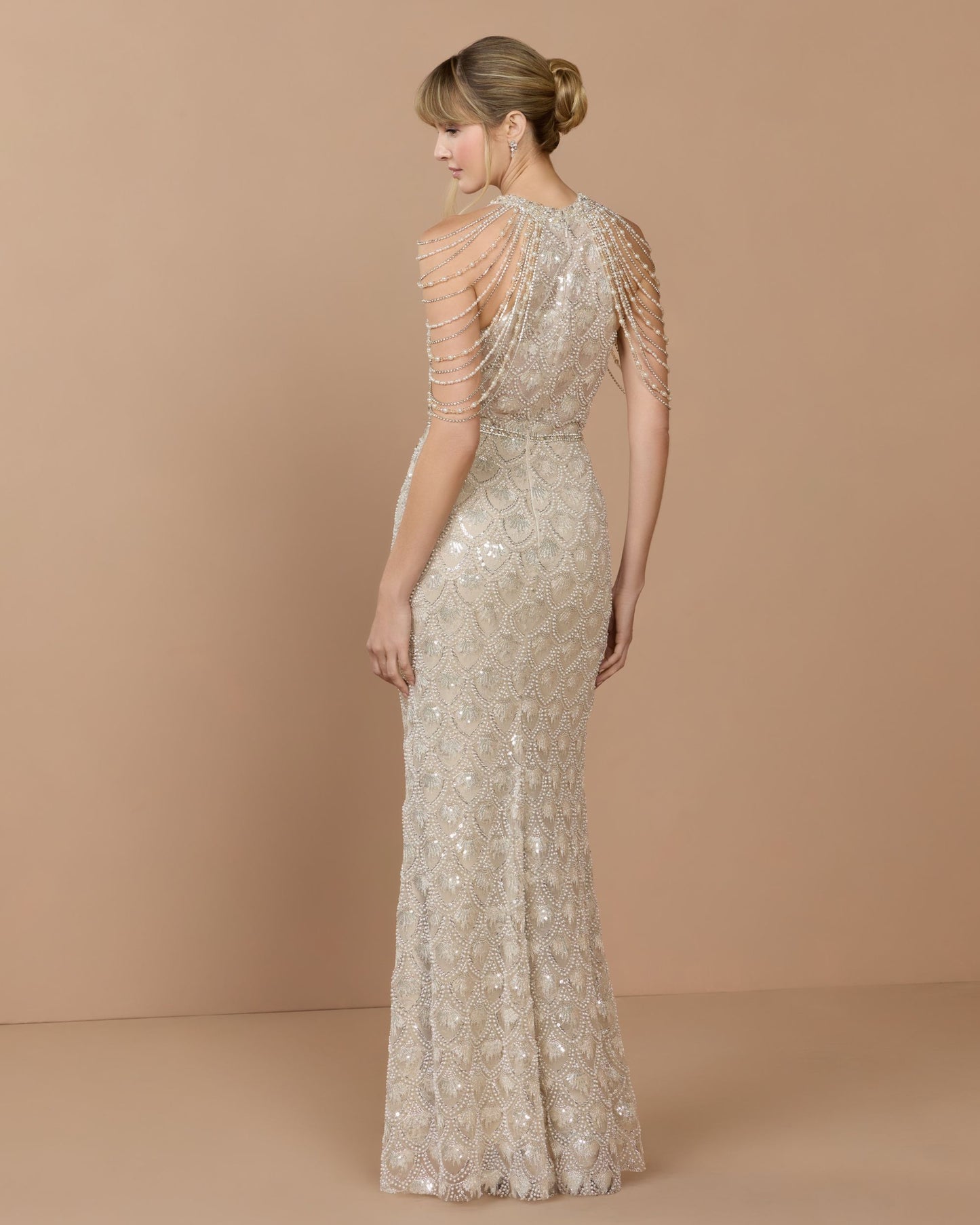 Petite Ivory Draped Pearl Embellished Column Gown