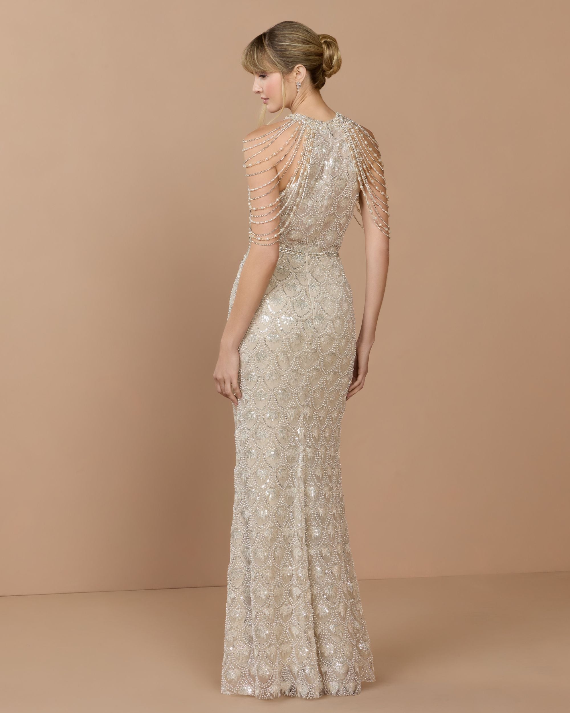 Petite Ivory Draped Pearl Embellished Column Gown