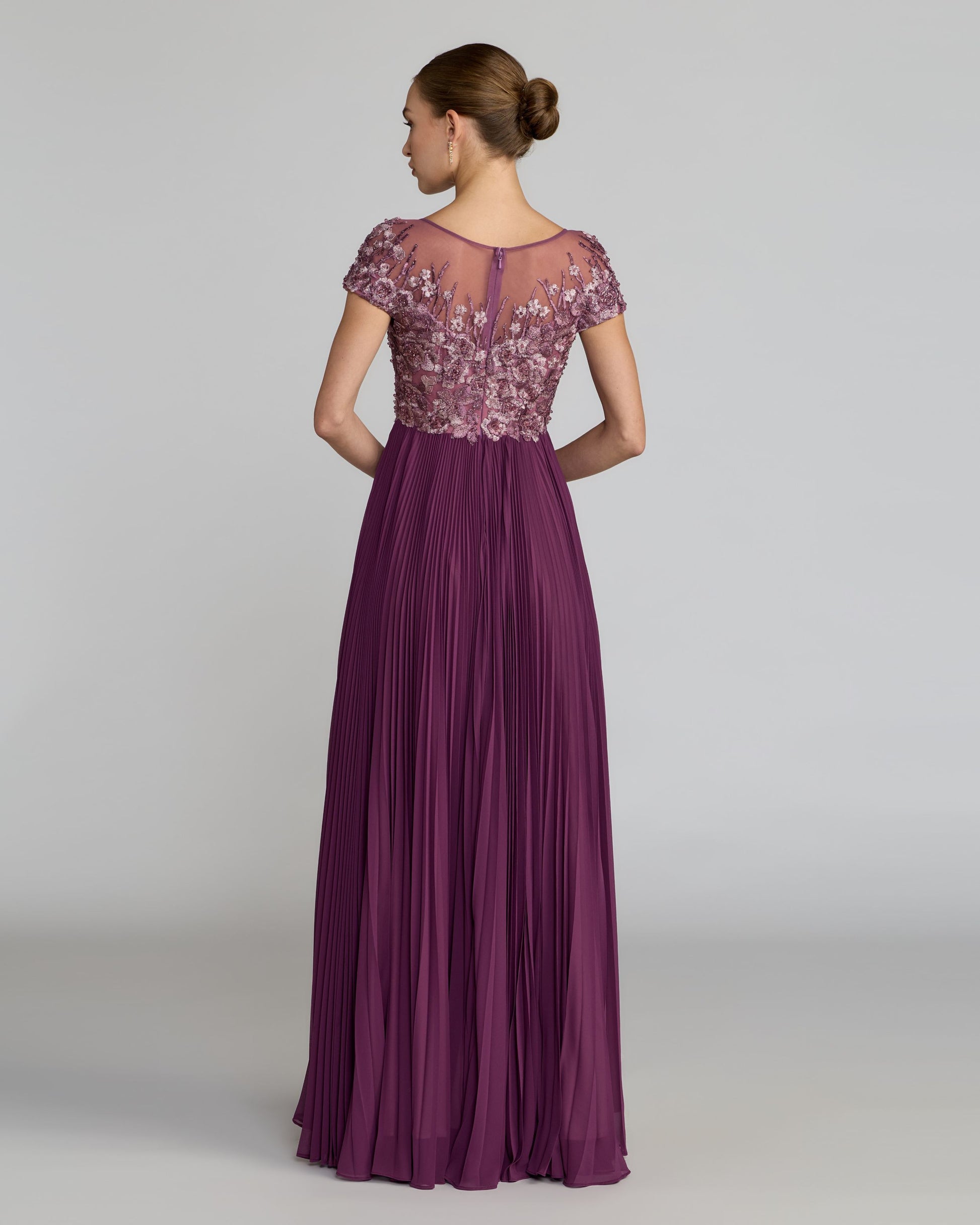 Petite Purple Chiffon Gown with Floral Embroidery Mac Duggal