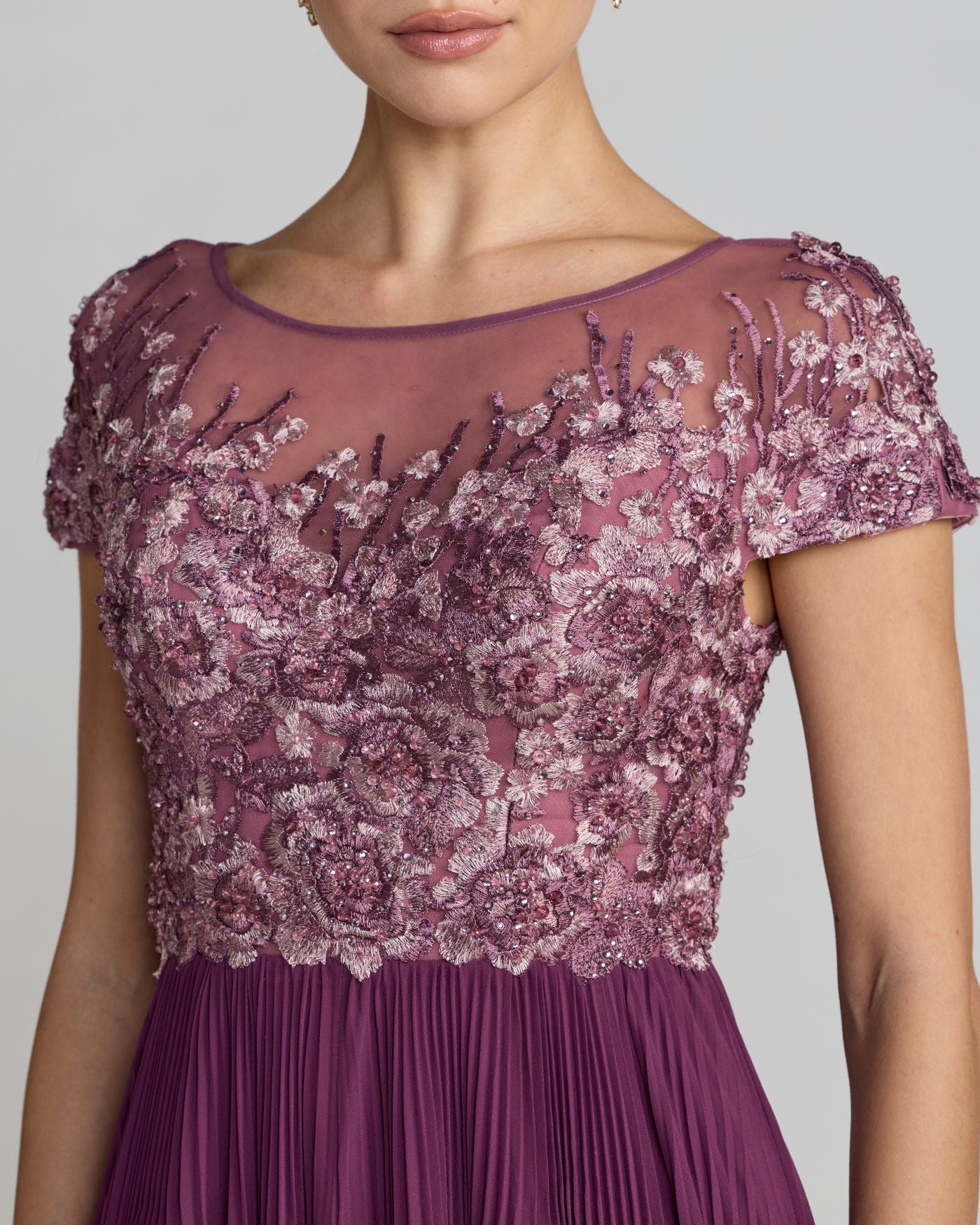 Petite Purple Chiffon Gown with Floral Embroidery Mac Duggal