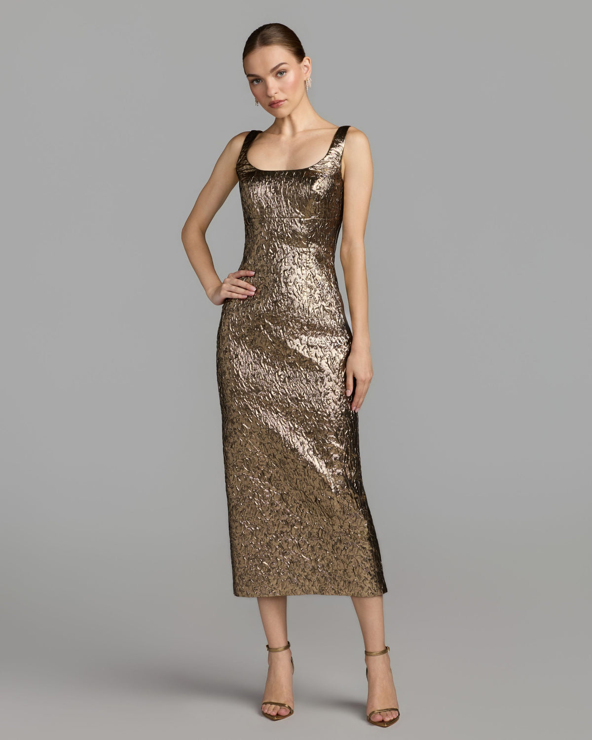 Petite Gold Metallic Scoop Neck Brocade Midi Dress - Mac Duggal