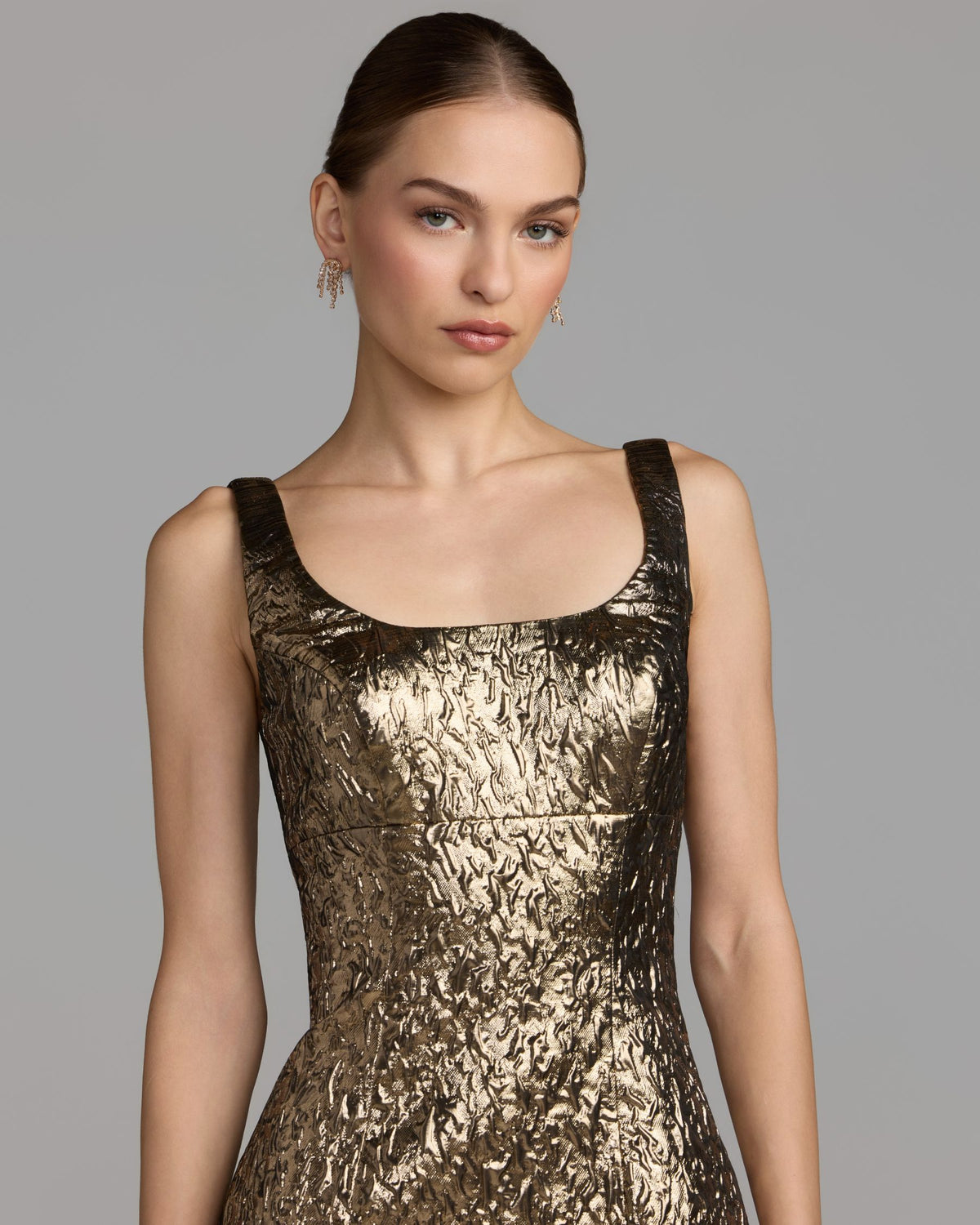 Petite Gold Metallic Scoop Neck Brocade Midi Dress - Mac Duggal
