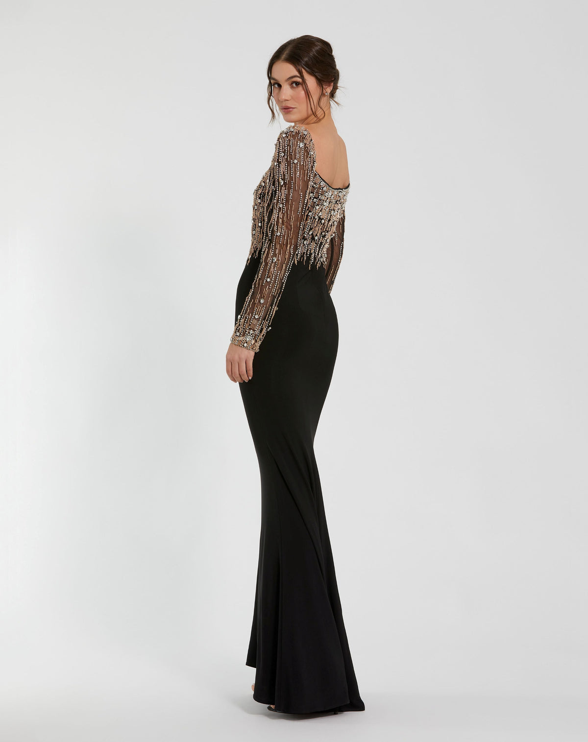 Petite Black Beaded Square Neck Long Sleeve Jersey Gown