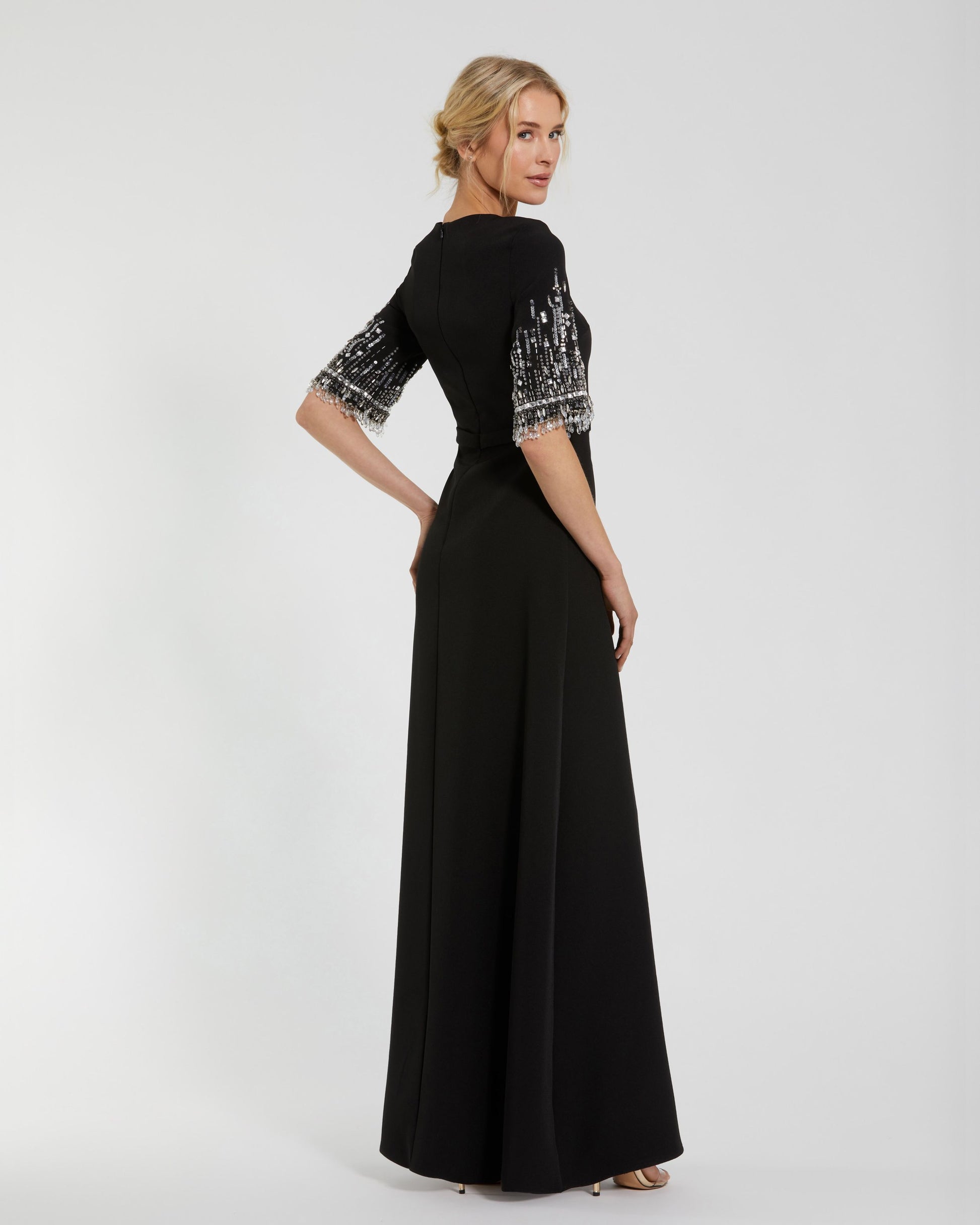 Mac Duggal Petite Crepe A Line Gown With Beaded 3/4 Sleeves