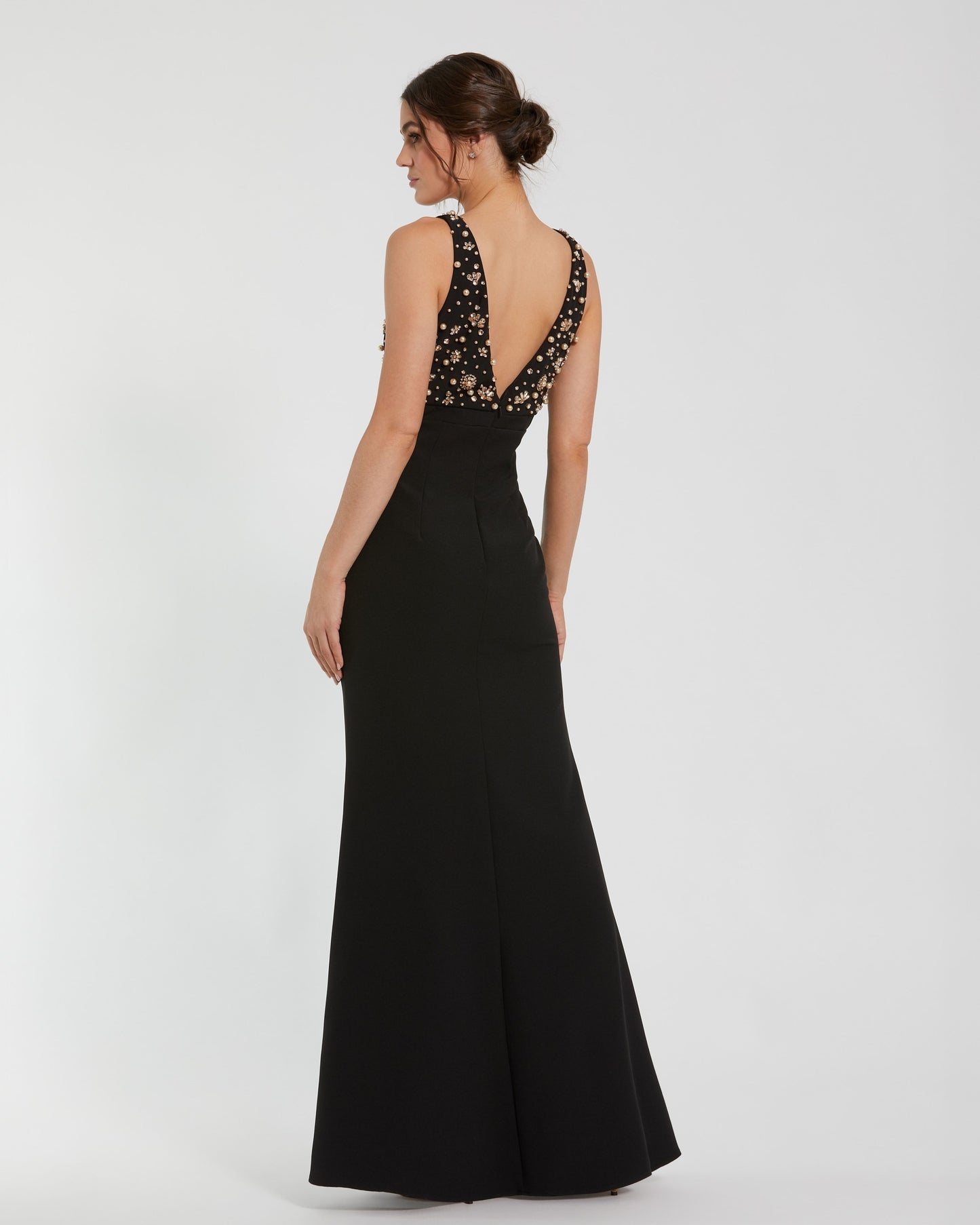 Petite Black Crepe Sleeveless Beaded V Neck Gown With Bow Ieena for Mac Duggal