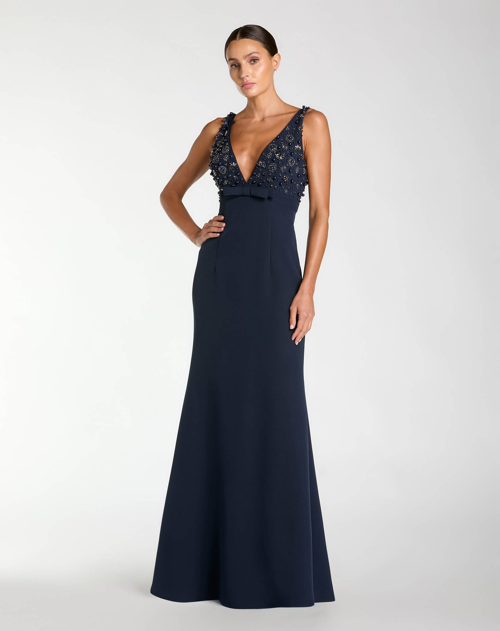 Petite Navy Sleeveless Embellished Crepe Gown With Bow - Ieena for Mac Duggal