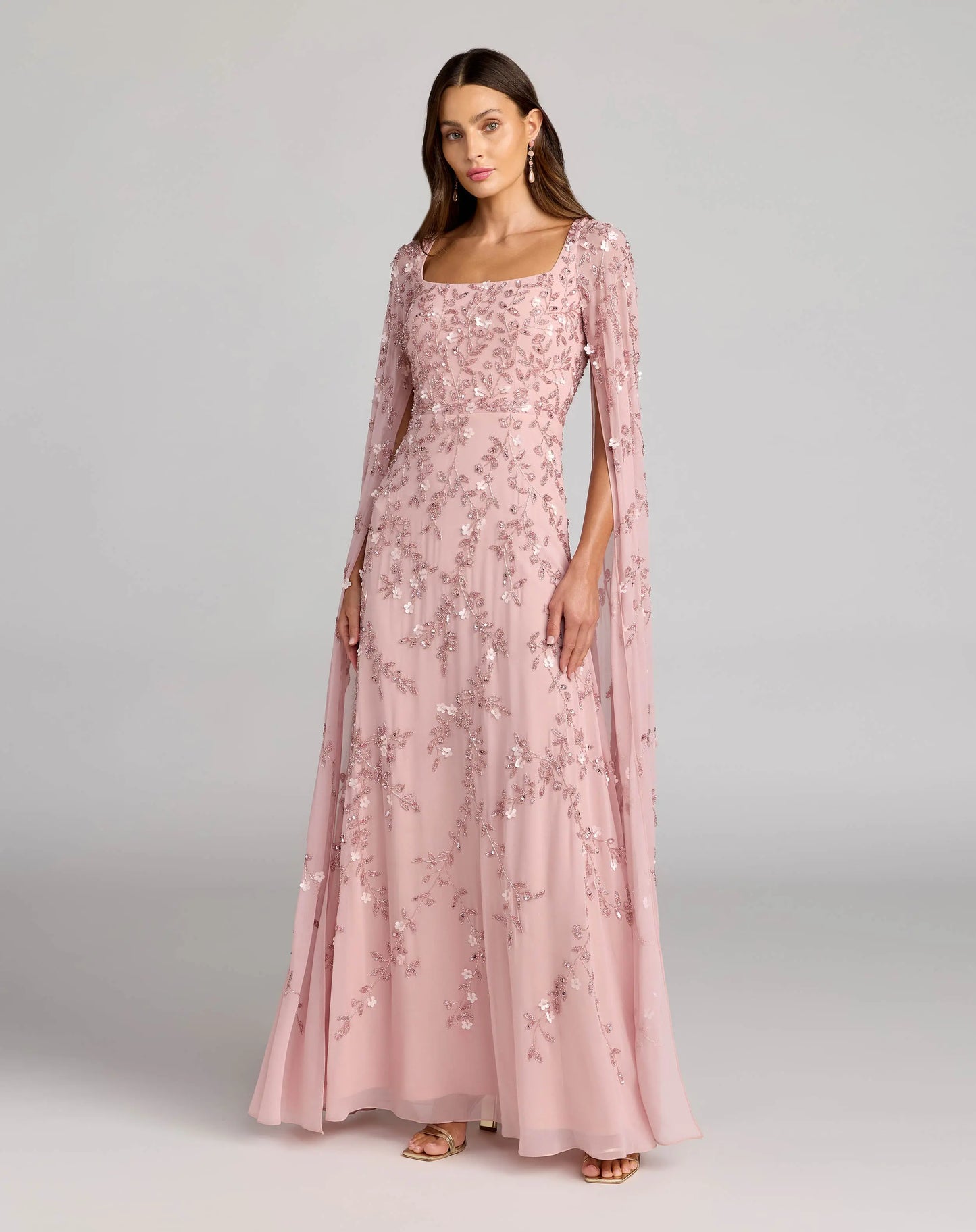 Petite Pink Beaded Square Neck Cape Sleeve Gown - Mac Duggal