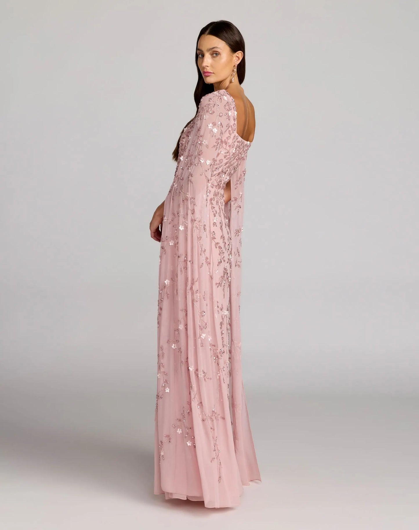 Petite Pink Beaded Square Neck Cape Sleeve Gown - Mac Duggal