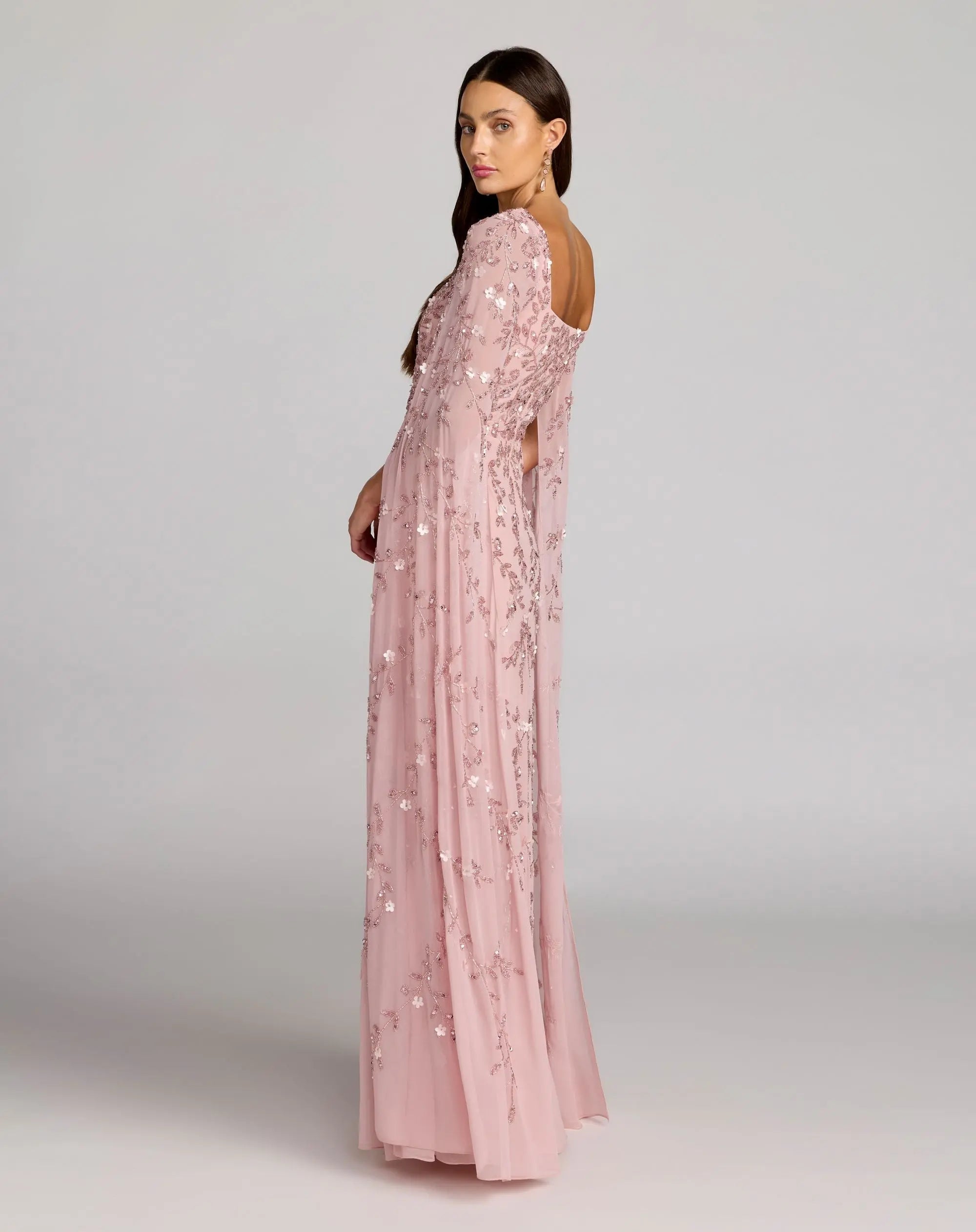 Petite Pink Beaded Square Neck Cape Sleeve Gown - Mac Duggal