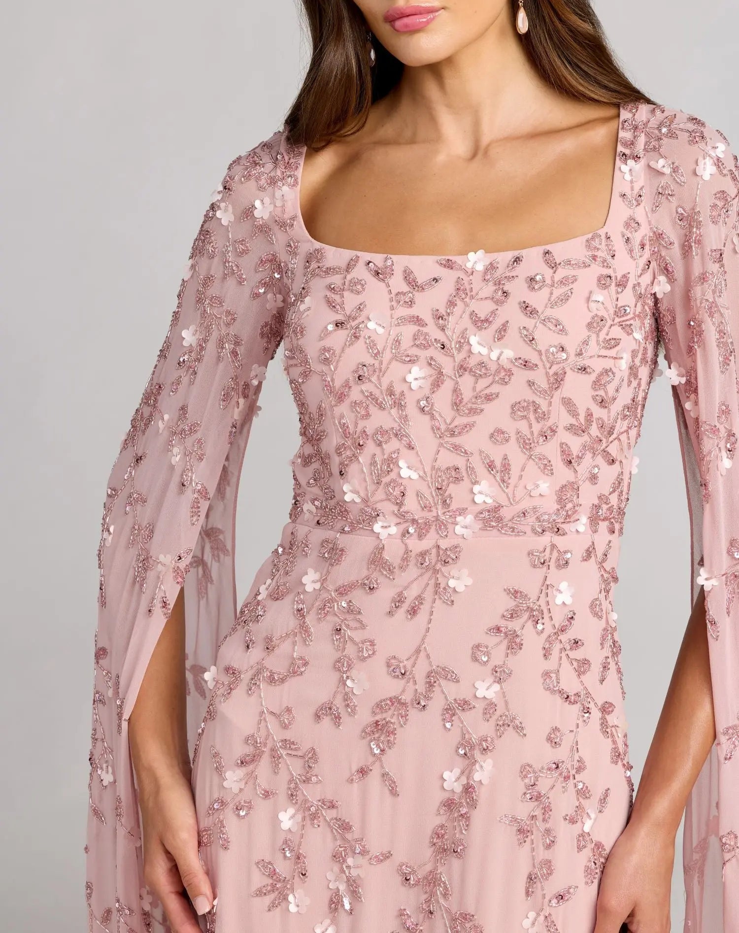 Petite Pink Beaded Square Neck Cape Sleeve Gown - Mac Duggal